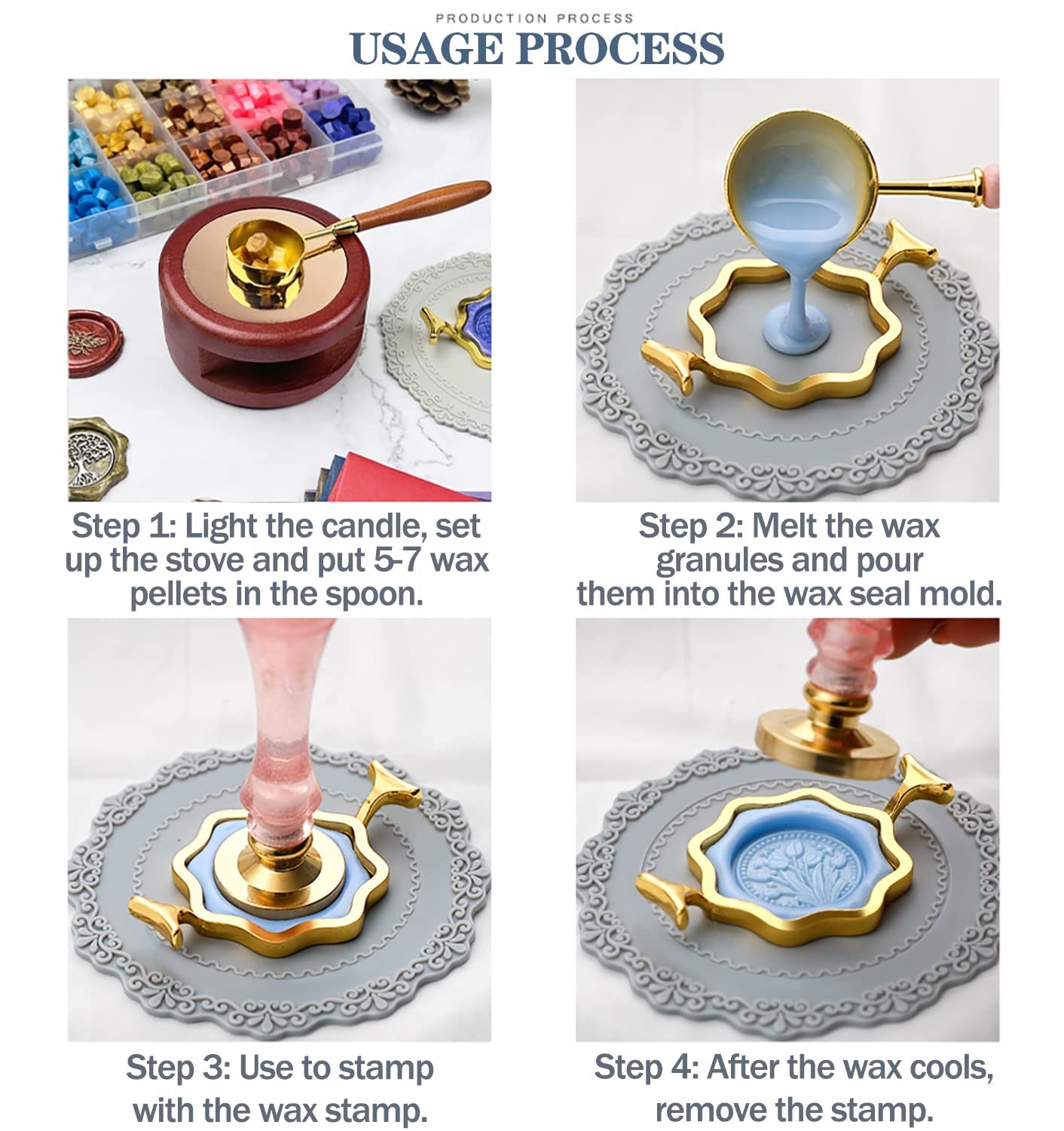 Wax Seal Stamp Kit with Gift Box, 672 Pcs Wax Seal Beads, 4 Pcs Wax Stamps, 2 Pcs Wax Seal Molds, Sealing Wax Warmer, Spoon, Mat, Metallic Pens, Candles, Wax Seal Kit for Craft Gift