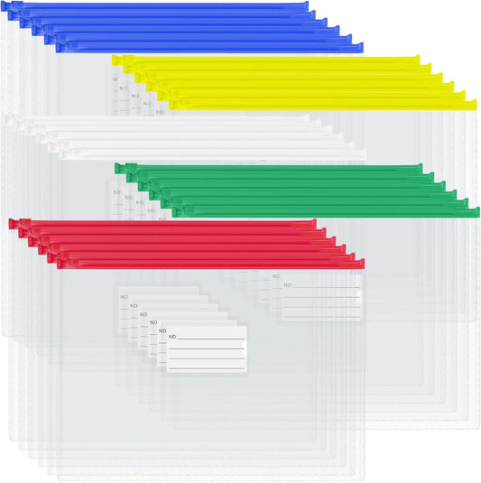 BOPART 30Pcs Poly Zip Envelopes A4 Letter Size Plastic Envelopes File Folders for Documents, Reusable Envelope Clear Zipper Pouch with Label Pocket for Home Office School Travel Supplies Storage
