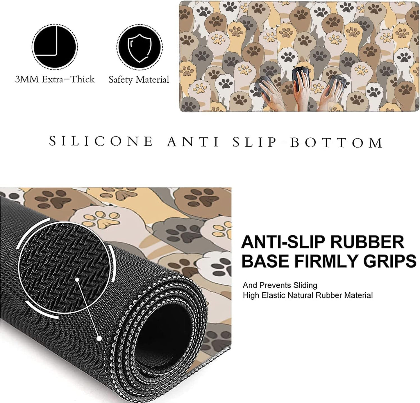 Kawaii Cute Cats Footprint Extended Gaming Mouse Pad Large Desk Mat with Non-Slip Rubber Base and Stitched Edges,Keyboard Mouse Mat Desk Pad for Work,Game,Office,Home 35.4 * 15.7 Inch