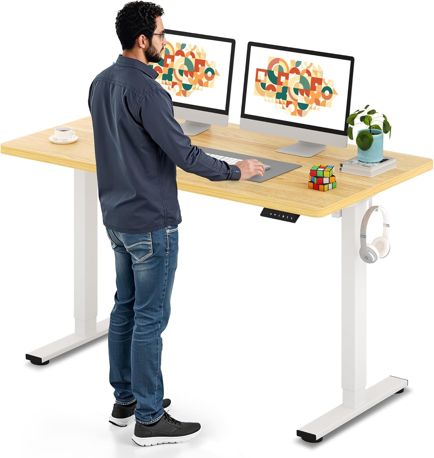 SANODESK Electric Standing Desk 55 x 28 Inches Whole-Piece Desktop Height Adjustable Stand Up Desk w/6-Button Controller Ergonomic Computer Desk for Home Office, White Frame + Natural Tabletop
