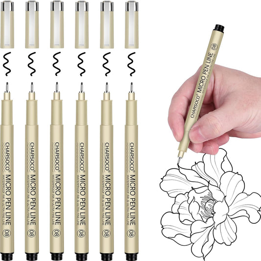 08 Micro Pen, 6 Pack Black Fine Point Pen with Waterproof Archival Ink, 0.52mm Fineliner Ink Pens for Artist Illustration, Sketching, Anime, Manga, Technical Drawing and Scrapbooking