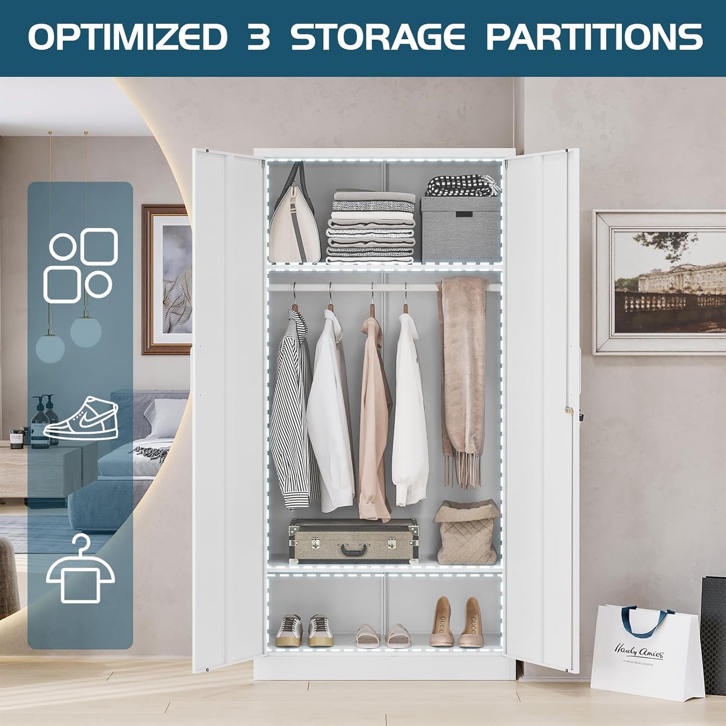 MIIIKO Metal Clothing Storage Locker, Steel Wardrobe Cabinets with Shelves and Hanging Rod, 72" Large Storage Locker Closet for Garments, Sports Equipment and Shoes