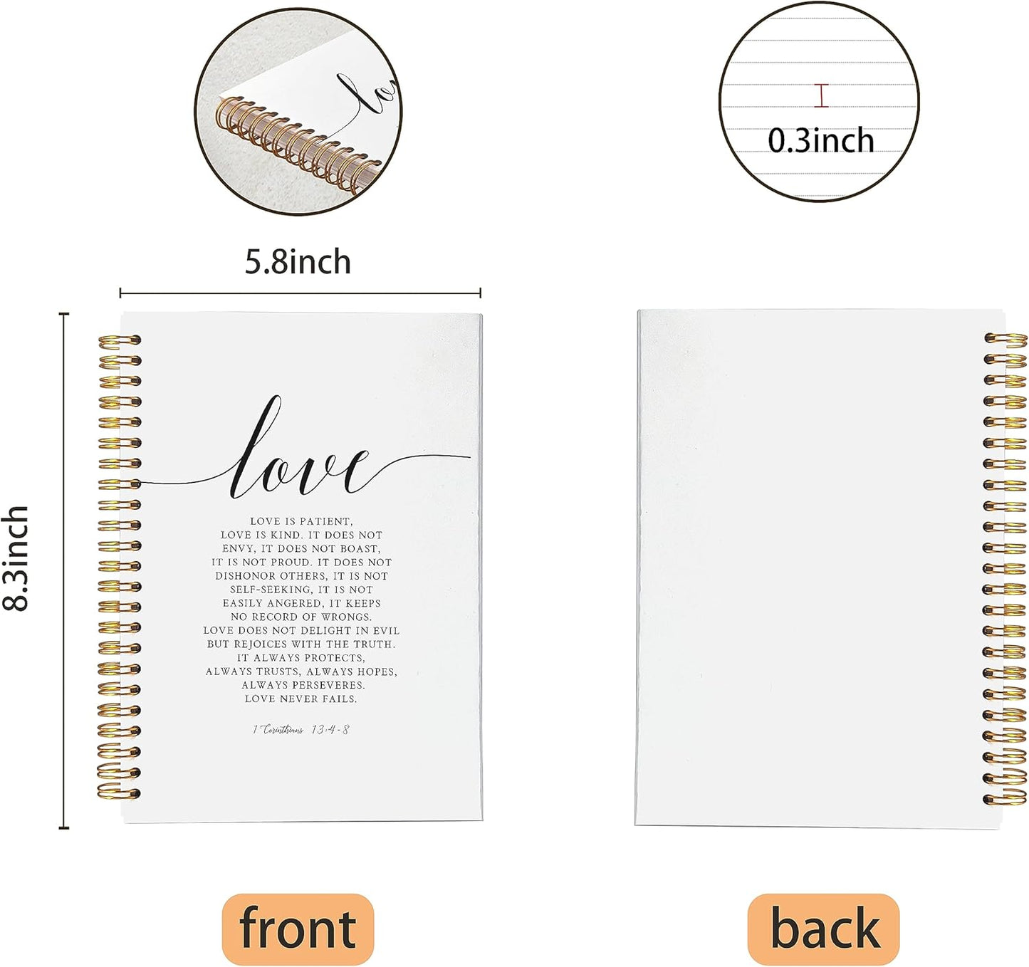 VNWEK Christian Notebook,Bible Journaling Notebook,Bible Journal,Church Notes Notebook,1 Corinthians 13:4-8 Love Never Fails Spiral Notebook Journal 5.5x8.3 Inch,Christian Journals for Women