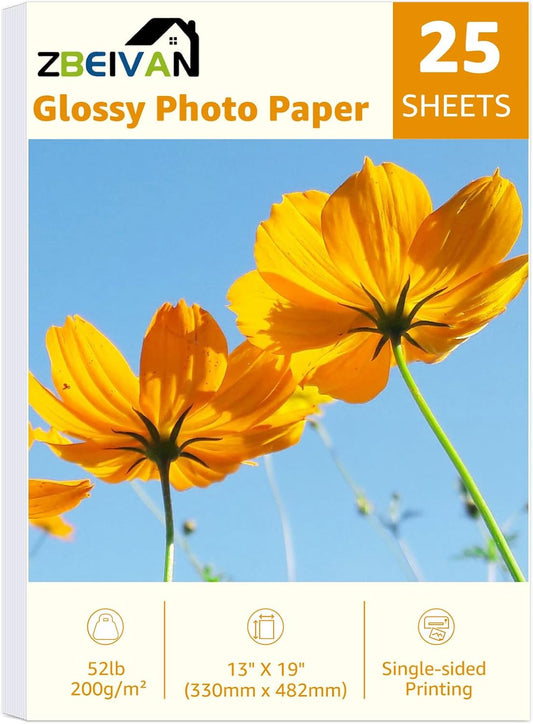 ZBEIVAN 13x19 Photo Paper, Glossy Photo Papers 25 Sheets, 13 x 19 Inkjet Printer Photo Paper for Dye Ink, 200 GSM