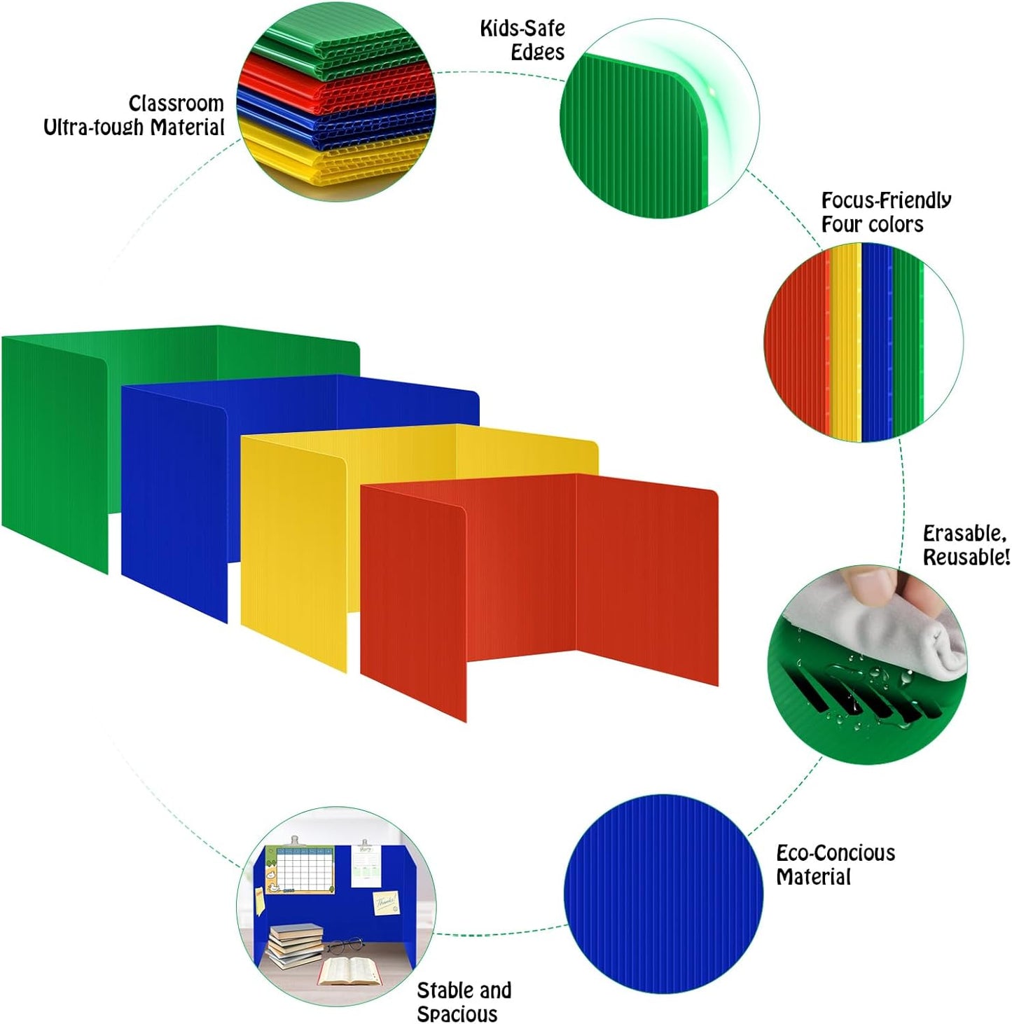 24 Pack Colorful Privacy Floders for Student Desks - Durable Plastic Erasable - Testing Dividers for Classroom - Easy Clean Privacy Shields for Student Testing Desk dividers- Includes Extra Labels