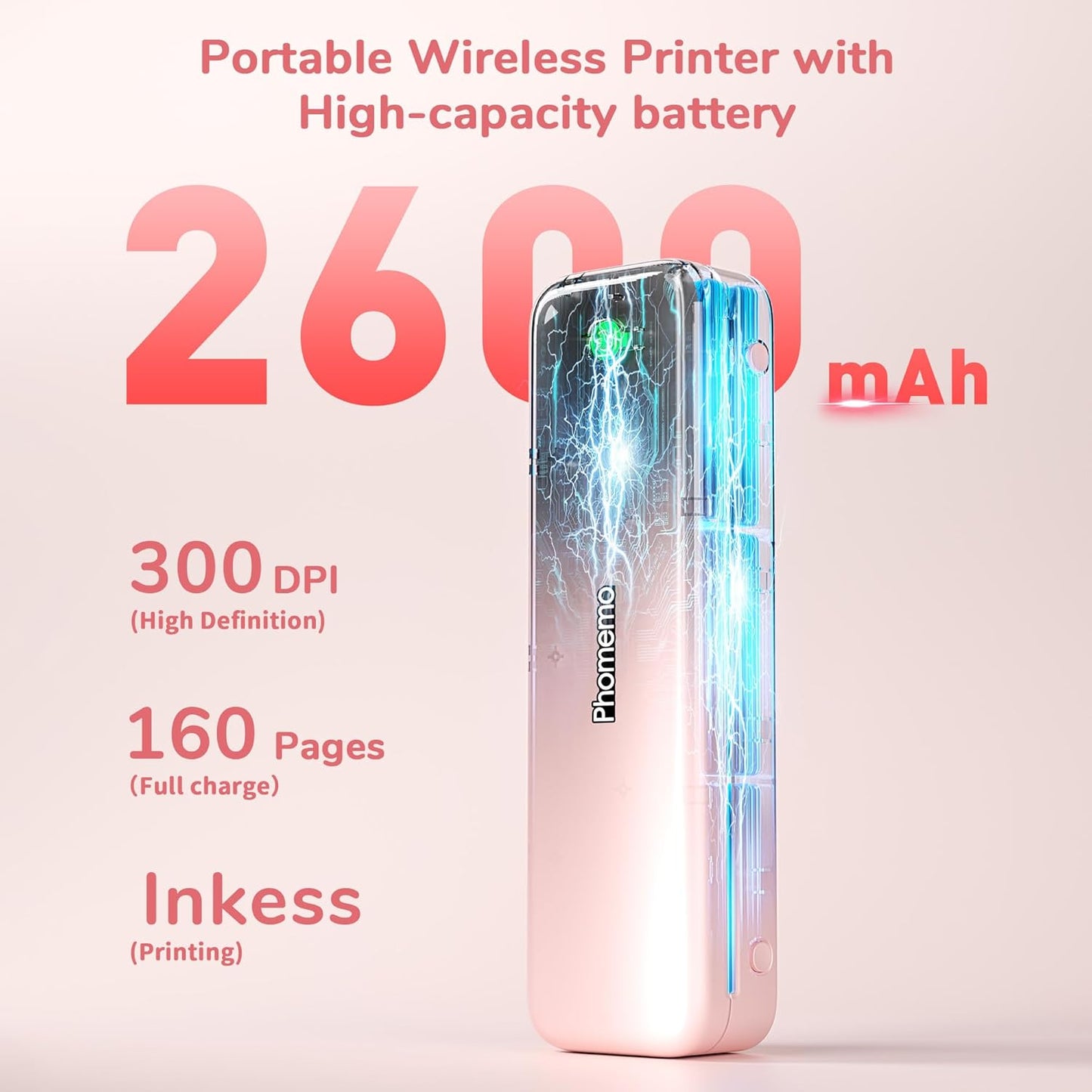 Phomemo Portable Printers Wireless for Travel Upgraded,M834 Bluetooth Thermal Printer 8.5" x 11"& A4 Size,Inkless Mobile Printer with Carry Case for Travel,Office,School,Car,Home,Pink