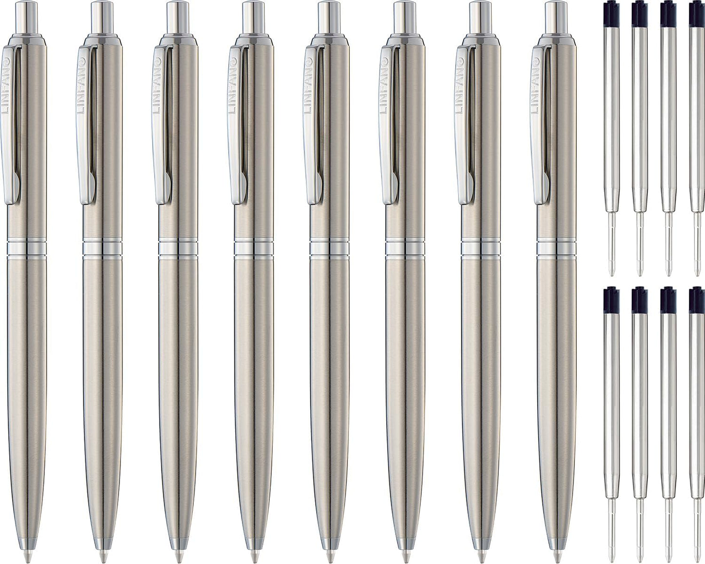 LINFANC 8 Pack Ballpoint Pens, Premium Retractable Metal Ballpoint Pen, Medium Point 1.0mm Black Ink Pen for Home School Work Office Supplies, Stainless Steel Trim, Extra 8 Refills