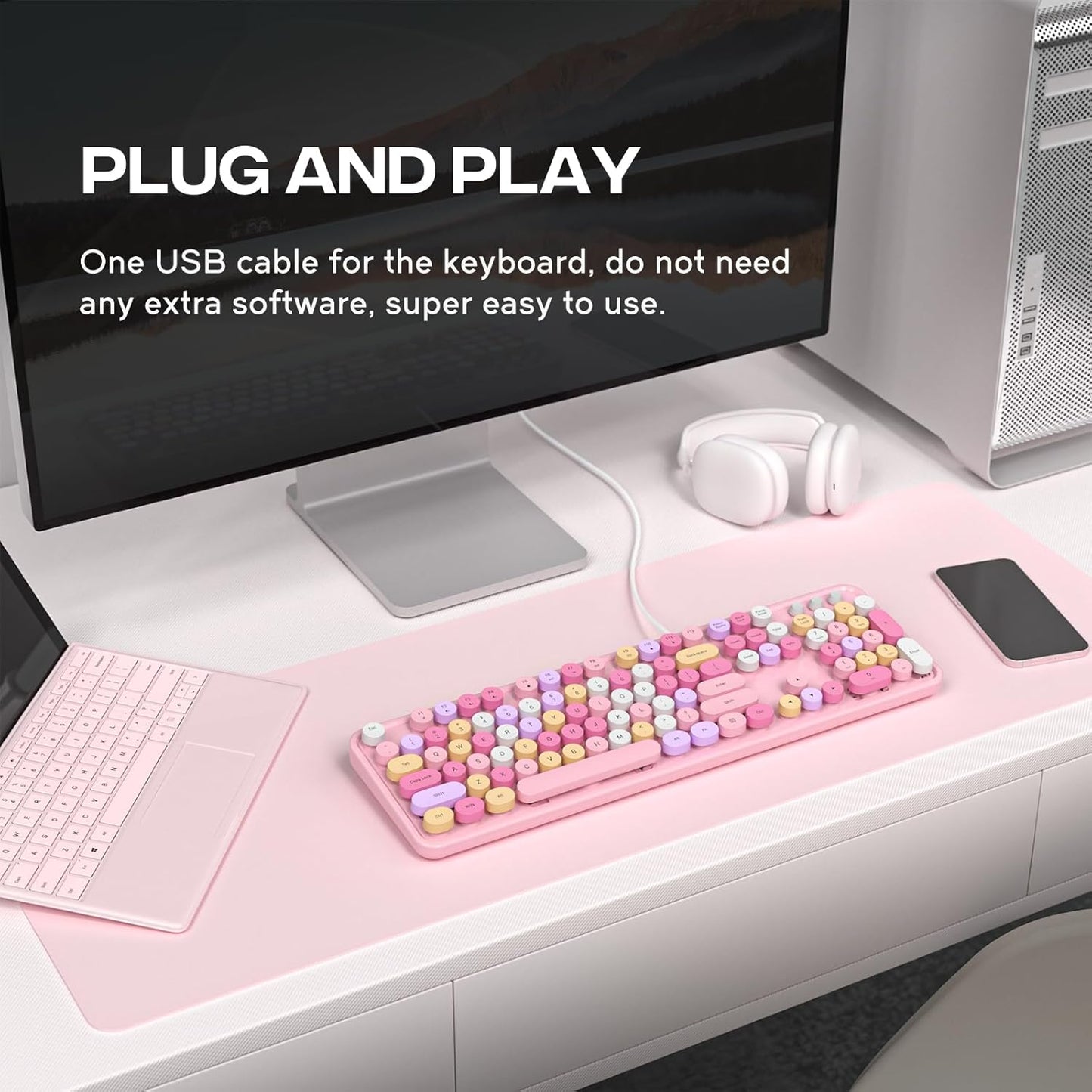 Wired Keyboard, 104 Keys Full-Sized Typewriter Keyboards, USB Plug and Play Office Keyboard with Number Pad, Caps Indicators, Foldable Stands for Windows, PC, Laptop (Pink Colorful)