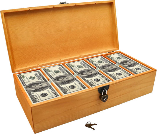Bronze Wooden Lockable Currency Tray, 5 Compartment Cash Organizer, Cash Organizer Money Storage Box with Lockable Cover, Money Organizer for Cash