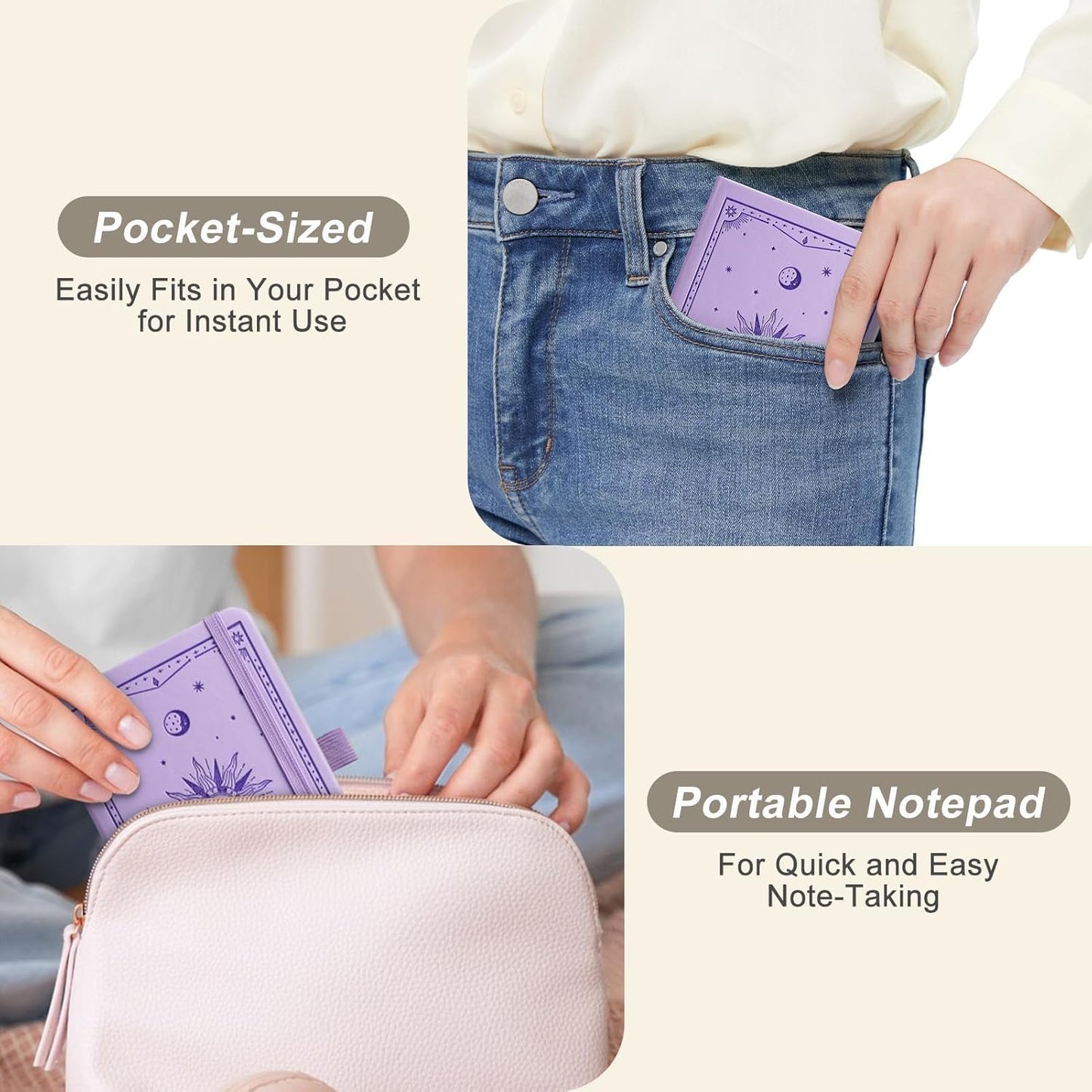 EMSHOI A6 Pocket Notebook for Women Men - 3.7x5.7 Mini Lined Journal, 100GSM Thick 160 Numbered Pages Memo Notepad, Leather Hardcover Small Notebook for Work School Travel Writing - Light Purple