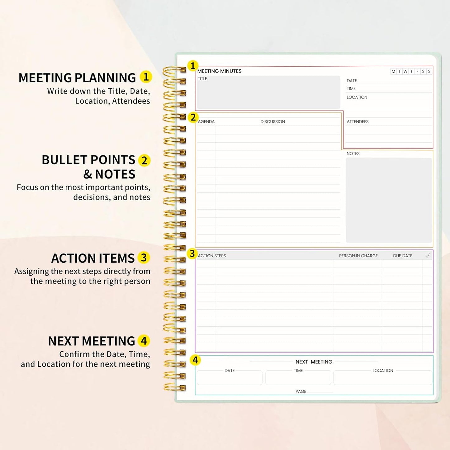 SUNEE Meeting Notebook for Work with Sticky Tabs - 160 Pages, A4 Size Project Planner, Spiral Meeting Agenda/Minutes Notebook Organizer for Women Men, Note Taking, Office&Business,8.5"x11", Sage Green