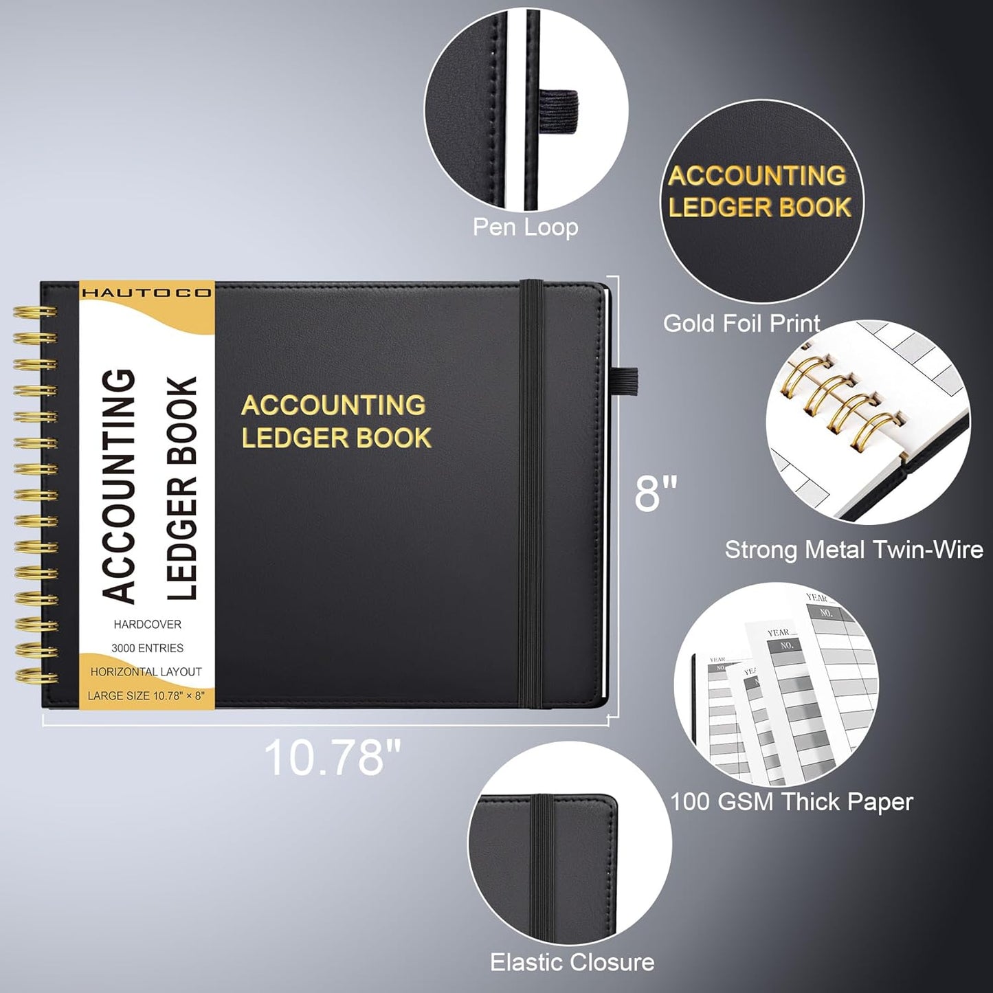 HAUTOCO Hardcover Accounting Ledger Book for Small Business Bookkeeping Horizontal Money Expense Tracker Notebook with 2 Storage Pouch, Personal Columnar Log Journal 10.78 x 8'', Black