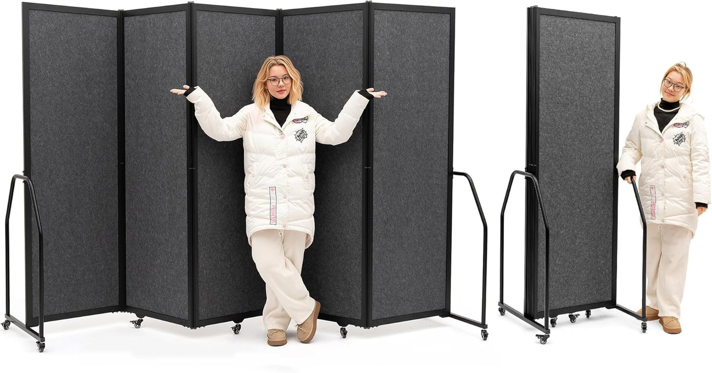 Folding Privacy Screens Freestanding partition with Wheels and arms Portable dividers for Medical Hospital Offices 5 Panel, Dark Gray