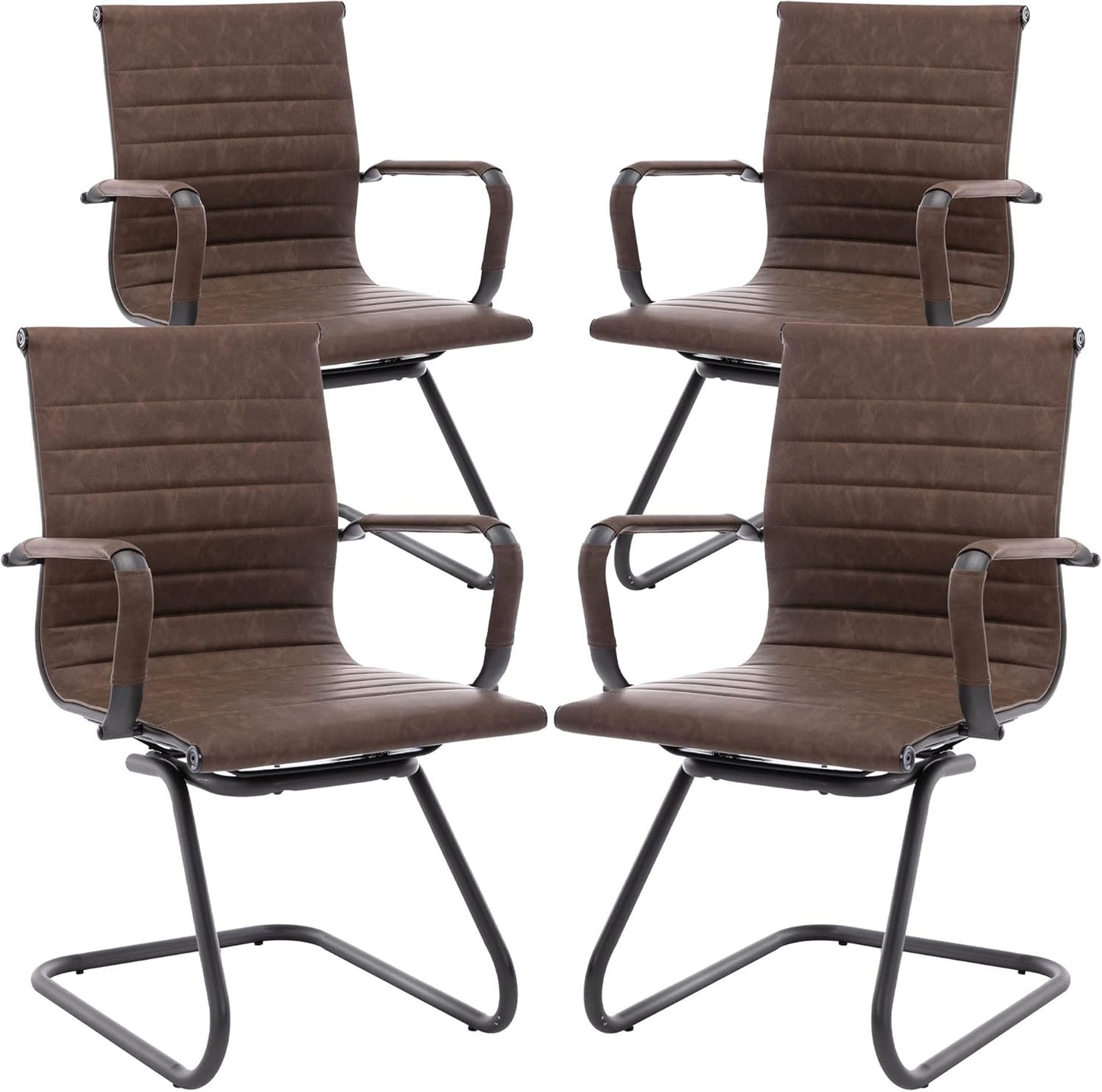 Office Desk Chair No Wheels Set of 4 PU Leather Computer Chairs Mid Back Guest Chairs for School Reception Conference Waiting Room, Vintage Brown