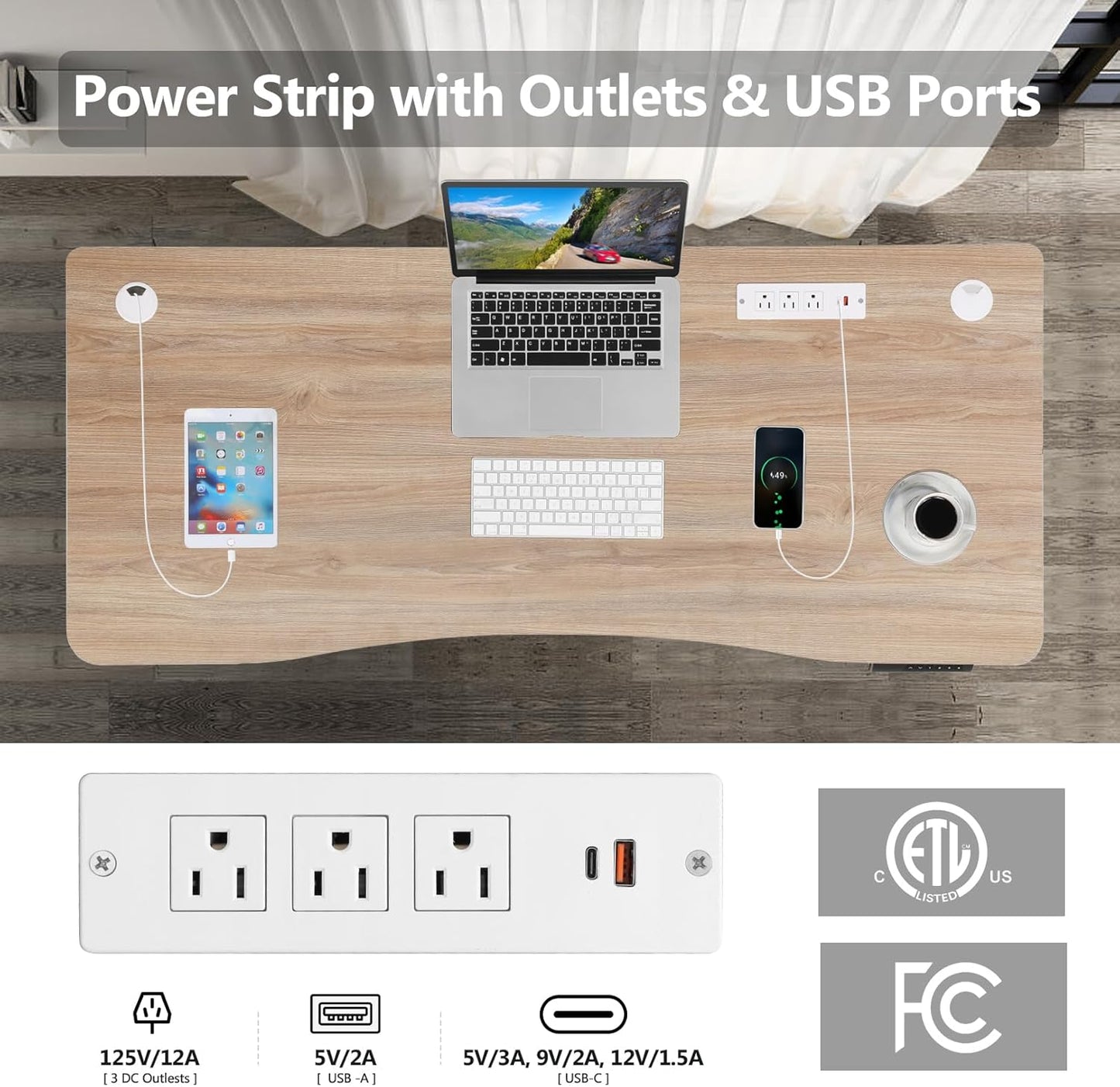 Electric Standing Desk 63 x 24 Inches Adjustable Height Ergonomic Sit Stand Up Desk Curved for Home Office Computer Workstation with 2 USB Ports 3 Power Outlets Memory Preset Wheels, Oak