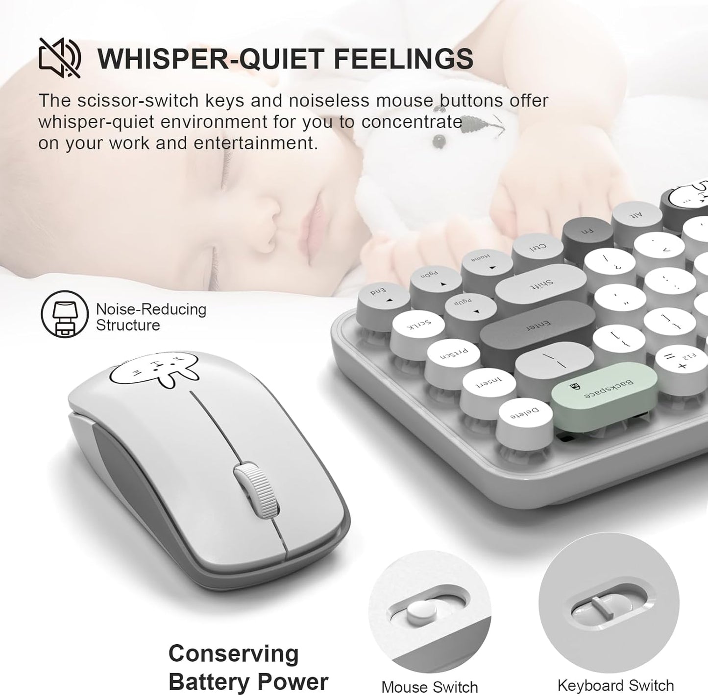 FOPETT Wireless Keyboard and Mouse Cute Mouse and Keyboard 2.4G Wireless Keyboards with Colorful 68 Keys Typewriter Retro Round Keycap for PC, Laptop,Tablet,Computer Windows - Grey Colorful