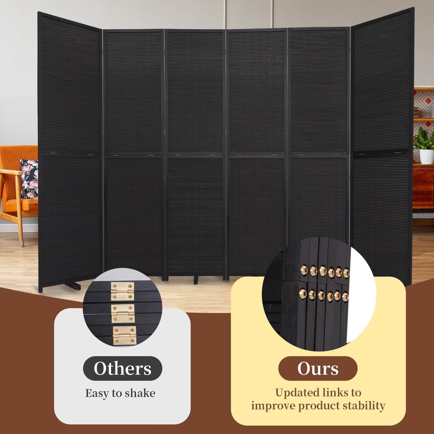 Bamboo Room Divider 6 Panel Wall Divider, 106'' W x 67'' H Folding Design with Extra Stable Base, 100% Bamboo Room Divider Screen for Room Separation, Chinese Room Partitions and Dividers Freestanding