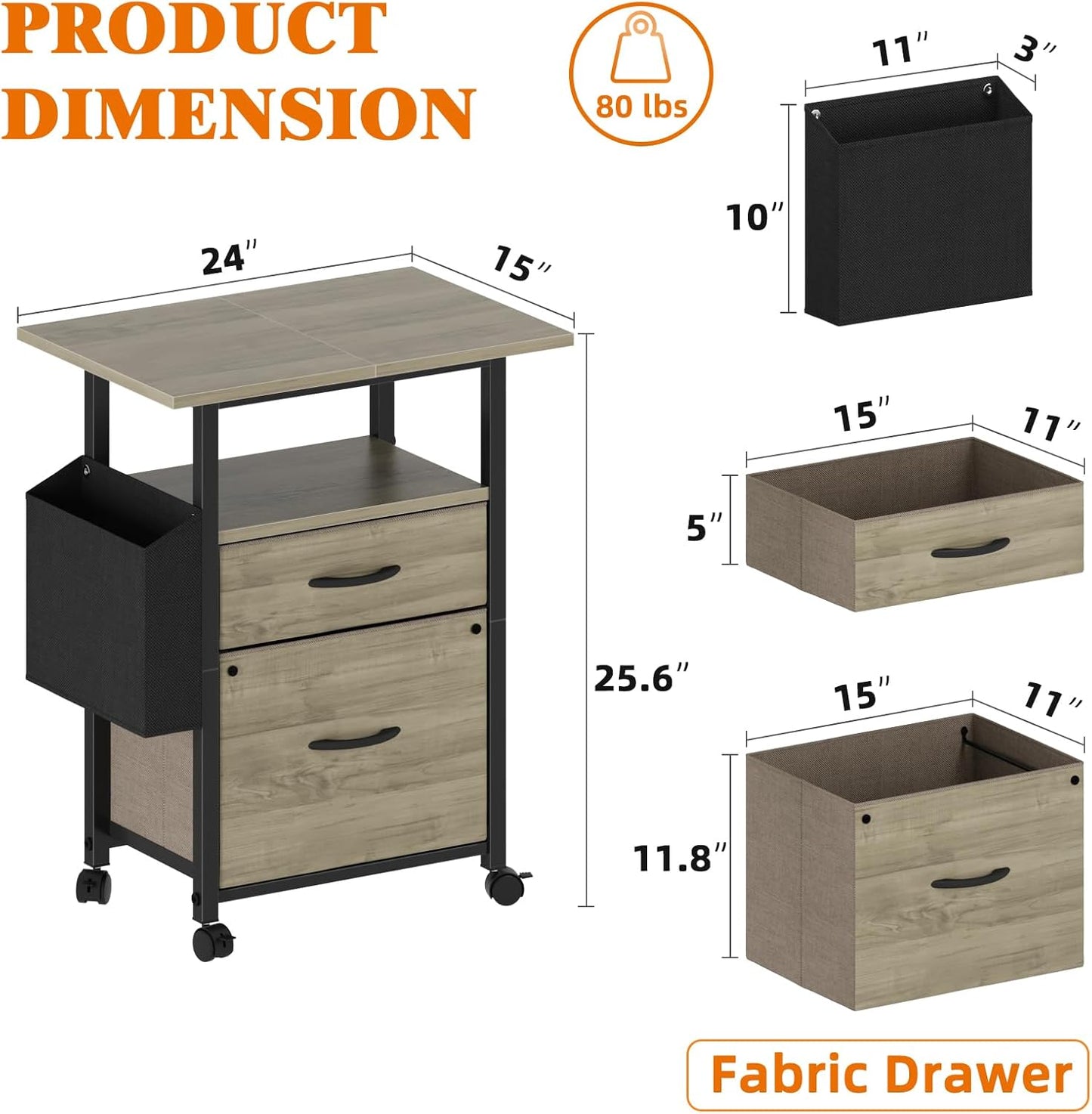2 Drawer File Cabinet with 24'' Extended Desktop, Mobile Filing Cabinet, Rolling File Cabinet with Side Bag, Fabric Drawer, Fits A4 Size, Home Office, Oak Grey