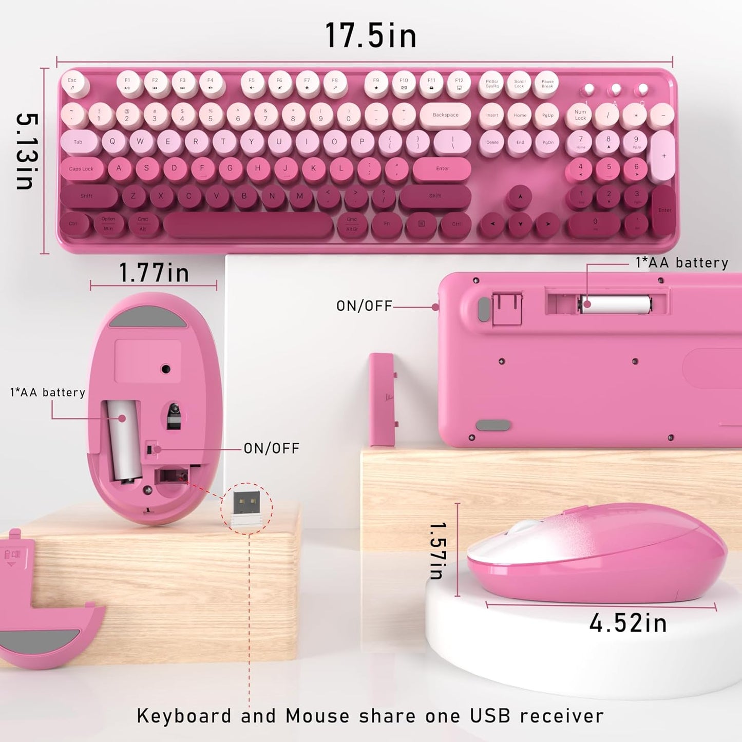 Wireless Keyboard and Mouse, Full-Size Retro Typewriter Keyboard with Round Keycaps, 2.4GHz for Windows, Mac, Laptop, PC, Desktop (Dark Pink Gradient)