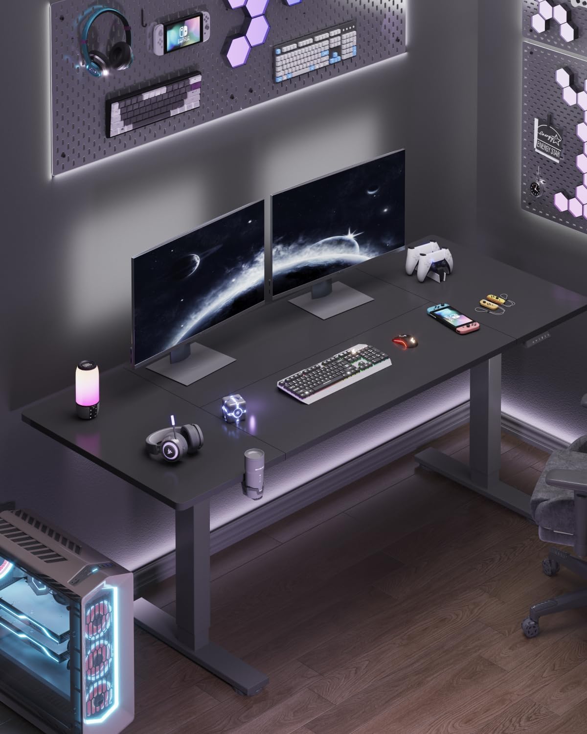 FLEXISPOT 63 x 32 Inch Large Standing Desk, Stand Up Desk with Splice Board, Rising Desks for Home Office, Office Desk with Cup Holder and Headphone Hook (Black Frame + Black Top, 2 Packages)