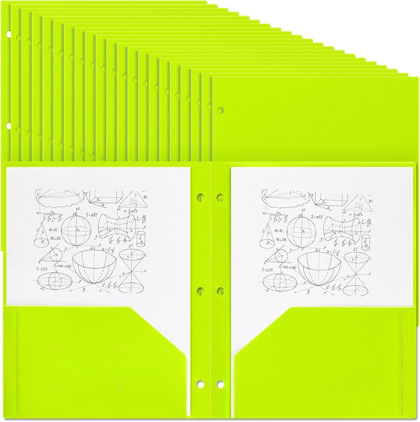 Yeaqee 100 Pcs Plastic Folders with Pockets Bulk 3 Hole Punched 2 Pocket File Folders for 3 Ring Binder Divider Folder for Notebooks, Durable Poly for Office Home (Fluorescent Green)