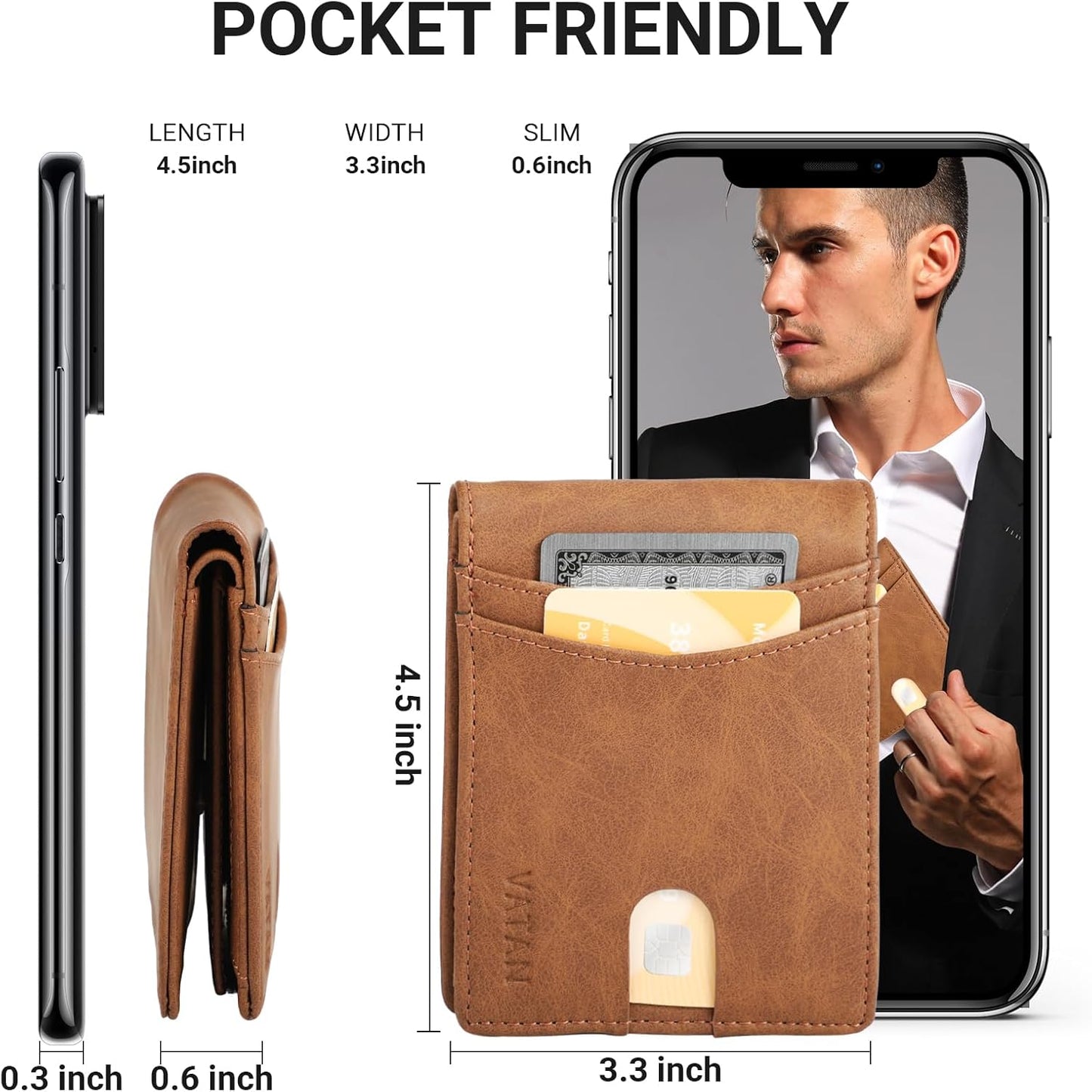 VATAN Wallet for Men, Mens Minimalist Wallet Credit Card Holder, Slim Leather Rfid 2 ID Window Large Capacity With Gift Box (Crazy Horse Brown)