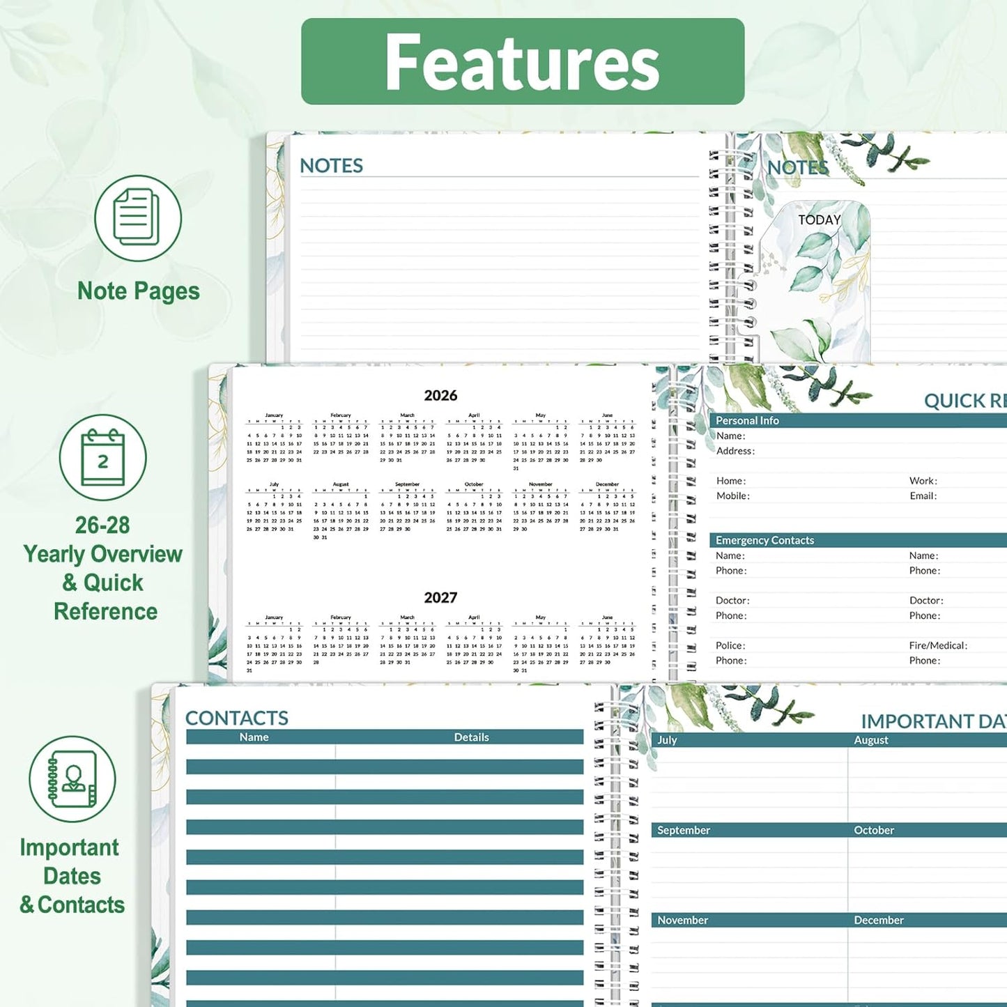 SUNEE 2026 Appointment Book, Quarter-Hourly, Weekly & Monthly - from January 2026 - December 2026, 8.5"x11" Weekly Planner, Flexible Cover, Note Pages, Pockets, Bookmark, Spiral Binding, Greenery