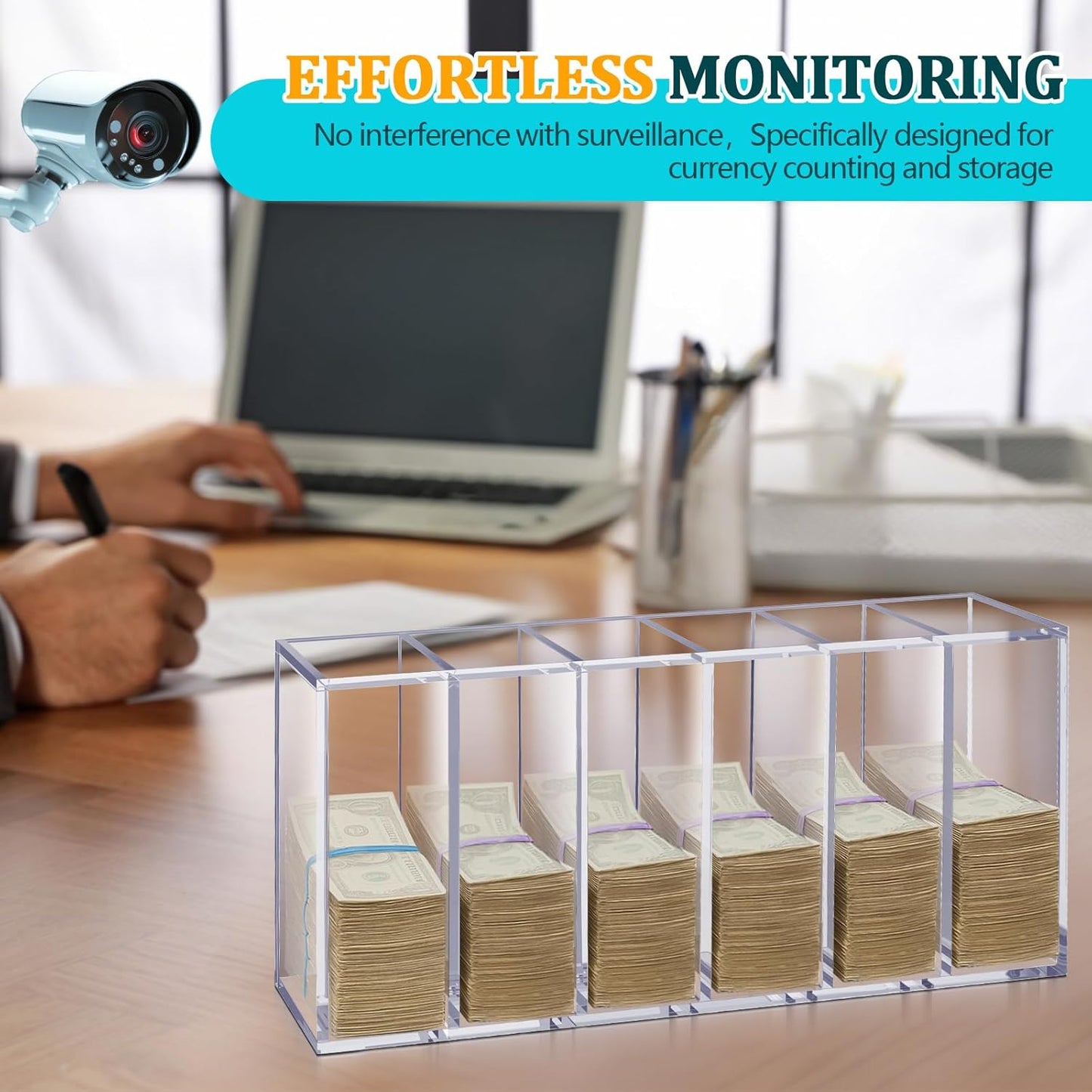 Leinuosen 25" x 12" x 7" Extra Large Clear Currency Tray with 6 Pocket Acrylic Cash Organizer Money Bill Storage Box for Bank Casinos Pharmacies