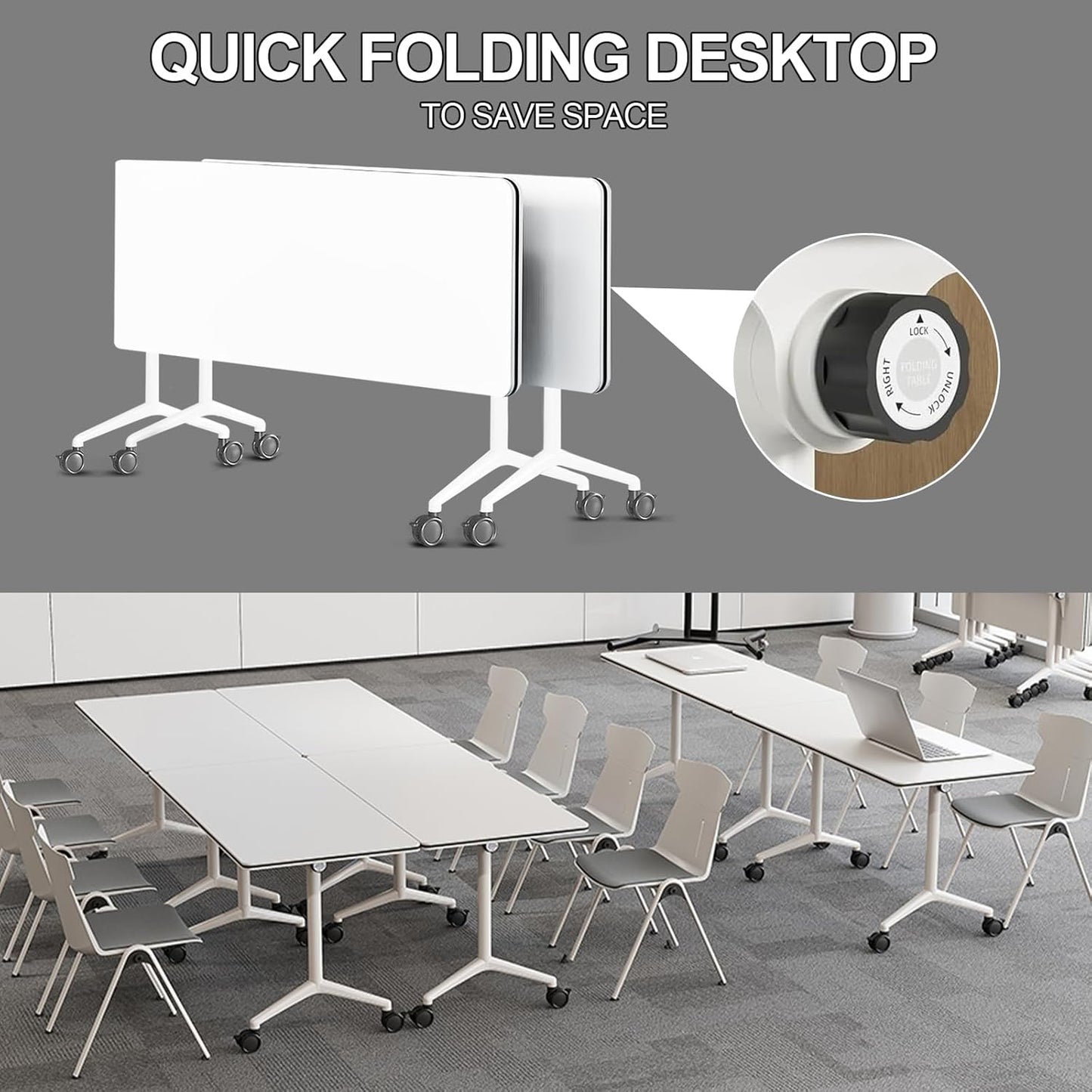 Folding Conference Room Tables 6 Pack, Foldable Modern Mobile Meeting Table Desk Training Table 6FT Large Rolling OfficeTable for Conference Training Classroom (4, 63" * 23.6" * 29.5")