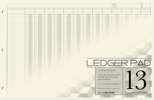 BookFactory Ledger Pad Large 13 Column Accounting Ledger Columnar (Thirteen Columns) Pads - 17'' x 11'', 50 Pages, Notepad Landscape Format (PAD-050-CLCPD3(17x11-Ledger-13)-AX)