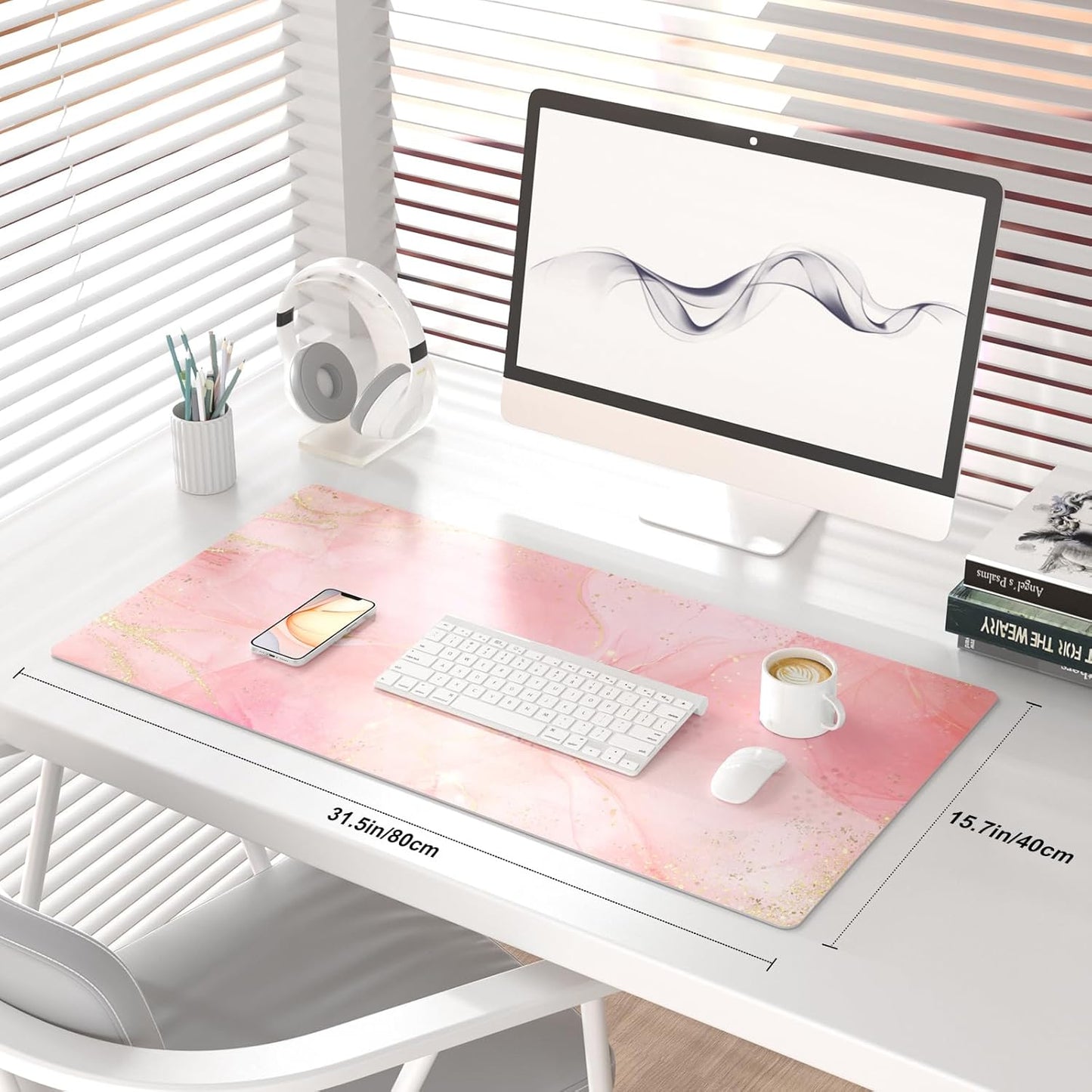 QIYI Large Mouse Pad, Extended Desk Mat for Desktop, PU Leather Waterproof Gaming Mousepad, Computer Desk Accessories Protector Writing Pads for School Office Home 31.5" x 15.7" - Dreamy Pink Marble