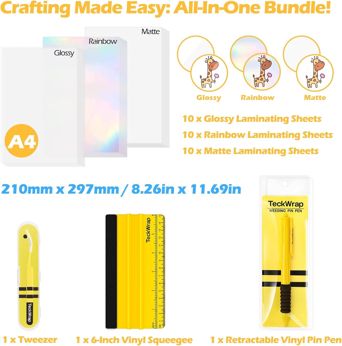 TECKWRAP Laminating Sheets Sticker Paper Laminate Sheets for Photo Paper Inkjet Printable Vinyl Squeegee Tools A4 30PCS Clear Overlay Transfer Paper, Matte Lamination Sheets, Holographic Stickers