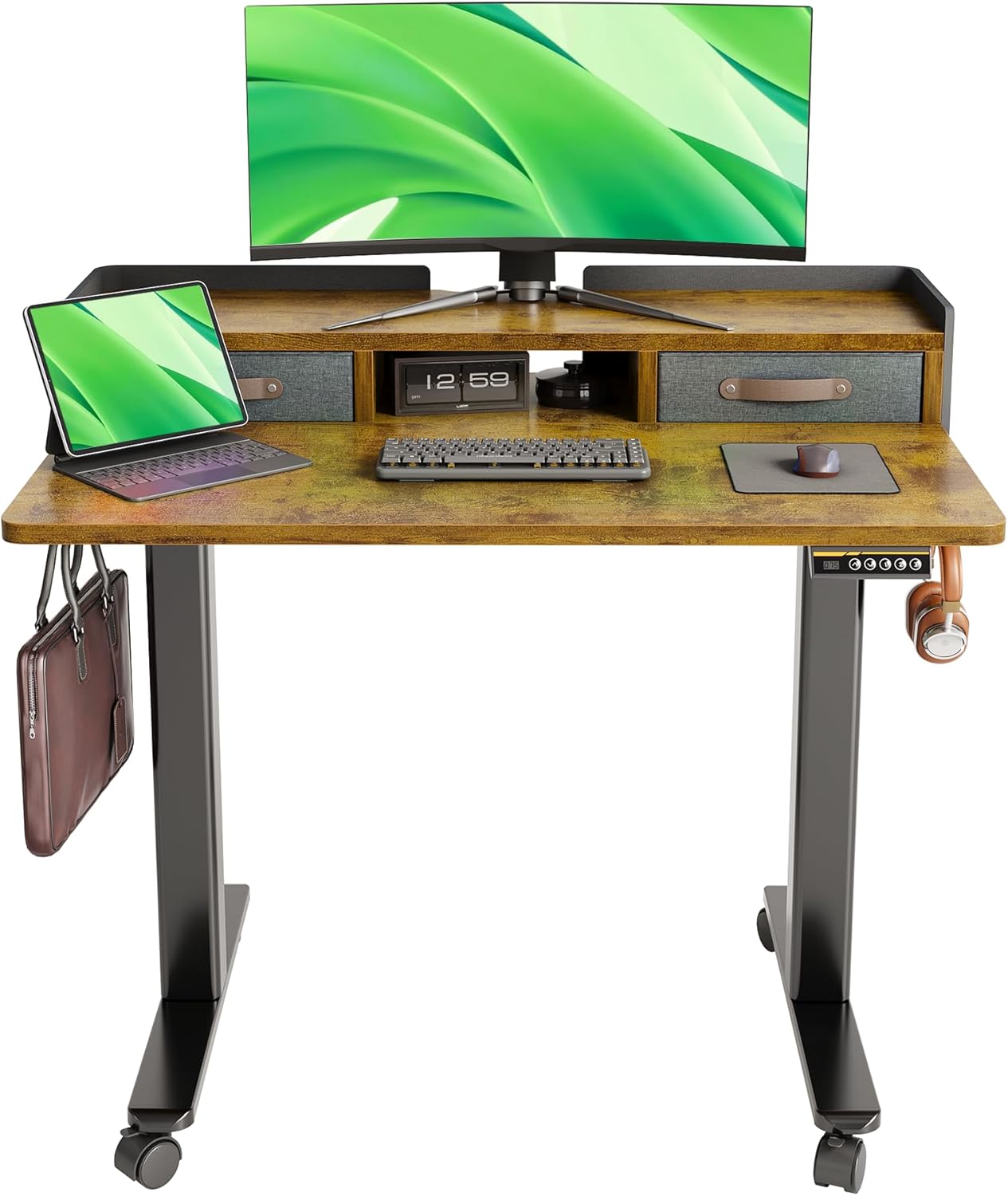 Claiks Standing Desk with Drawers, Adjustable Stand Up Electric Small Standing Desk Adjustable Height with Storage Shelf and Splice Board, 40 Inch, Rustic Brown