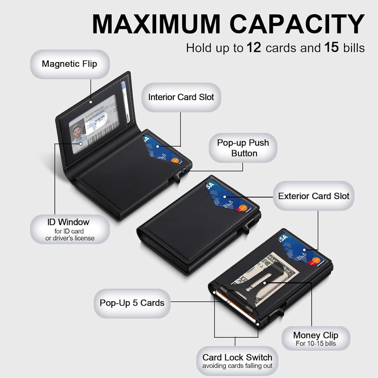 Wallet for Men, RFID Wallet with Money Clip & ID Window, Minimalist Pop Up Credit Card Case Holder 10-12 Cards, Bifold Slim Smart Wallet for Front Pocket, Compact Metal Wallets, Gifts for Men, Black