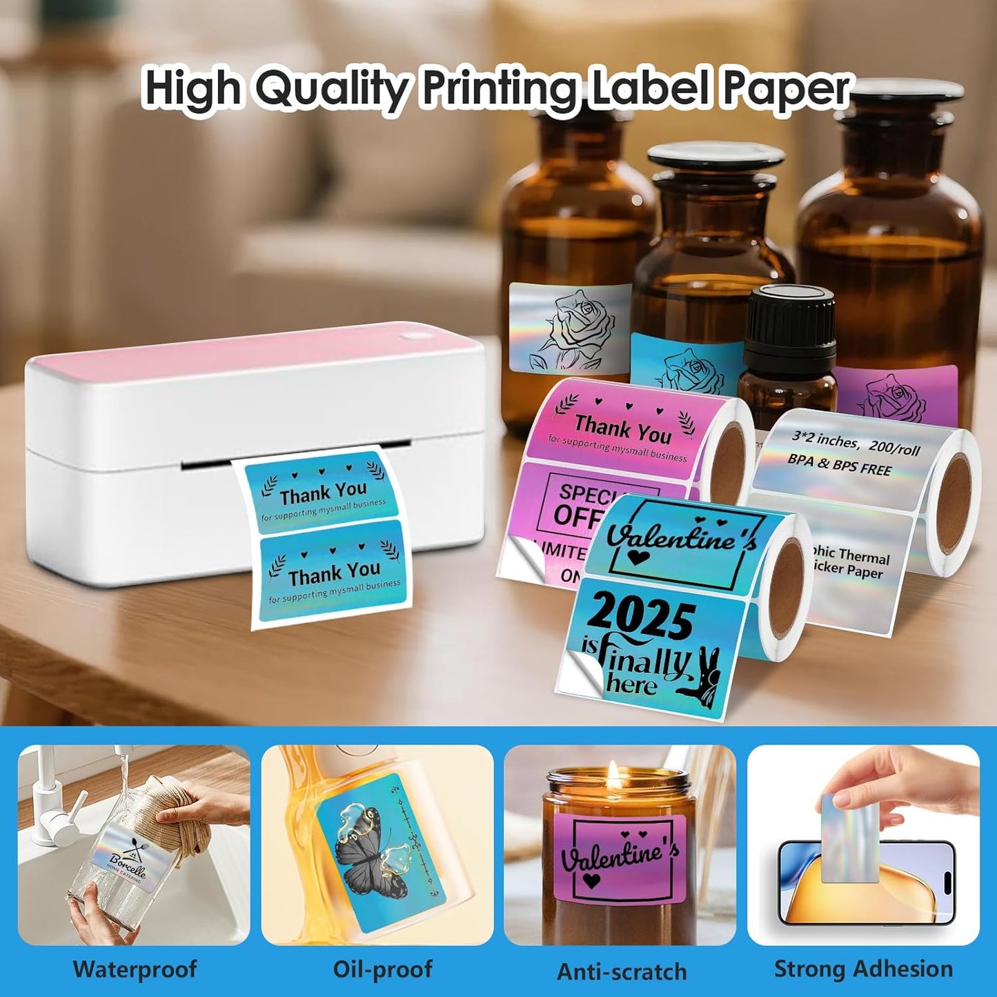 3x2'' Holographic Thermal Labels,3 Rolls Square Label Sticker for Phomemo 241BT for MUNBYN 130B/RW402B Printer,600Pcs Waterproof Label Paper for Address/Logo/Barcode/Price/Thanks