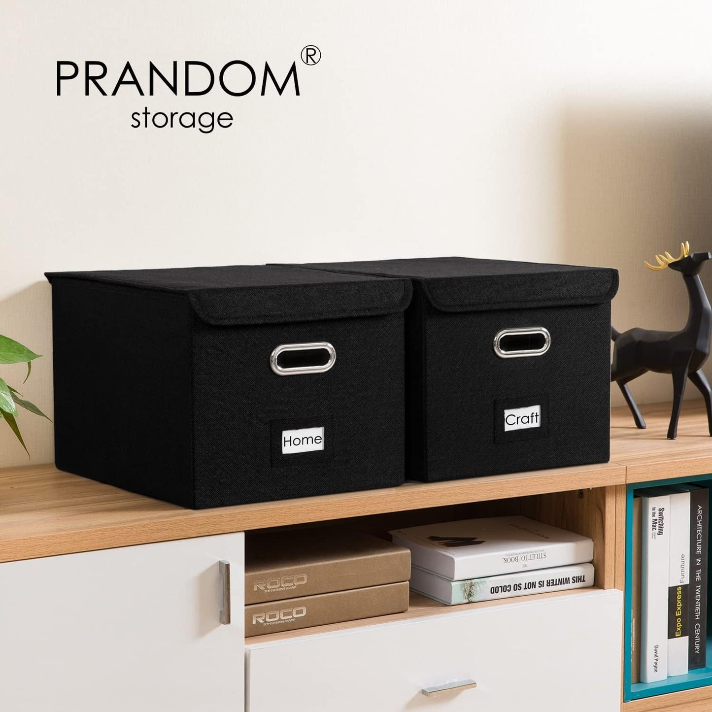 PRANDOM File Organizer Box - Set of 2 Collapsible Decorative Linen Filing Storage Hanging File Folders with Lids Office Cabinet Letter Size Black (15x12.2x10.75 inch)