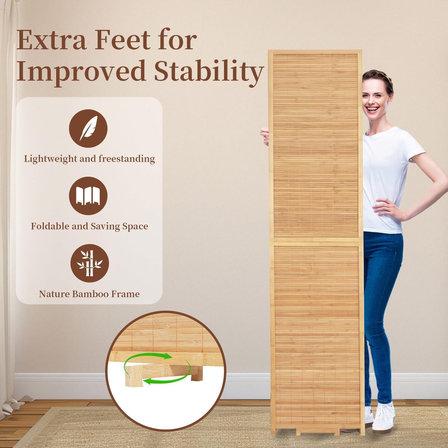 Bamboo Room Divider 6 Panel Wall Divider, 106'' W x 67'' H Folding Design with Extra Stable Base, 100% Bamboo Room Divider Screen for Room Separation, Chinese Room Partitions and Dividers Freestanding