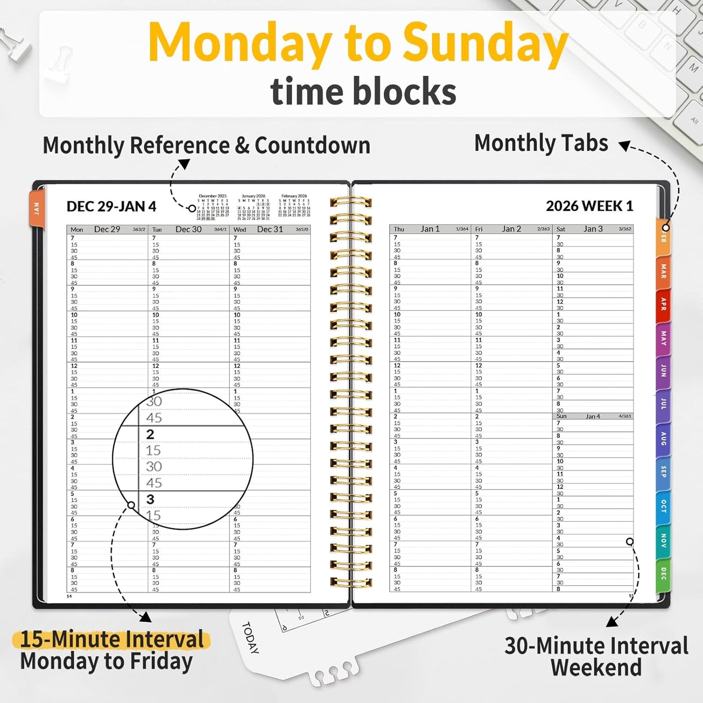 SUNEE 2026 Appointment Book, Quarter-Hourly, Weekly & Monthly - from January 2026 - December 2026, 6.4"x8.3" Weekly Planner, Flexible Cover, Note Pages, Pockets, Bookmark, Spiral Binding, Black