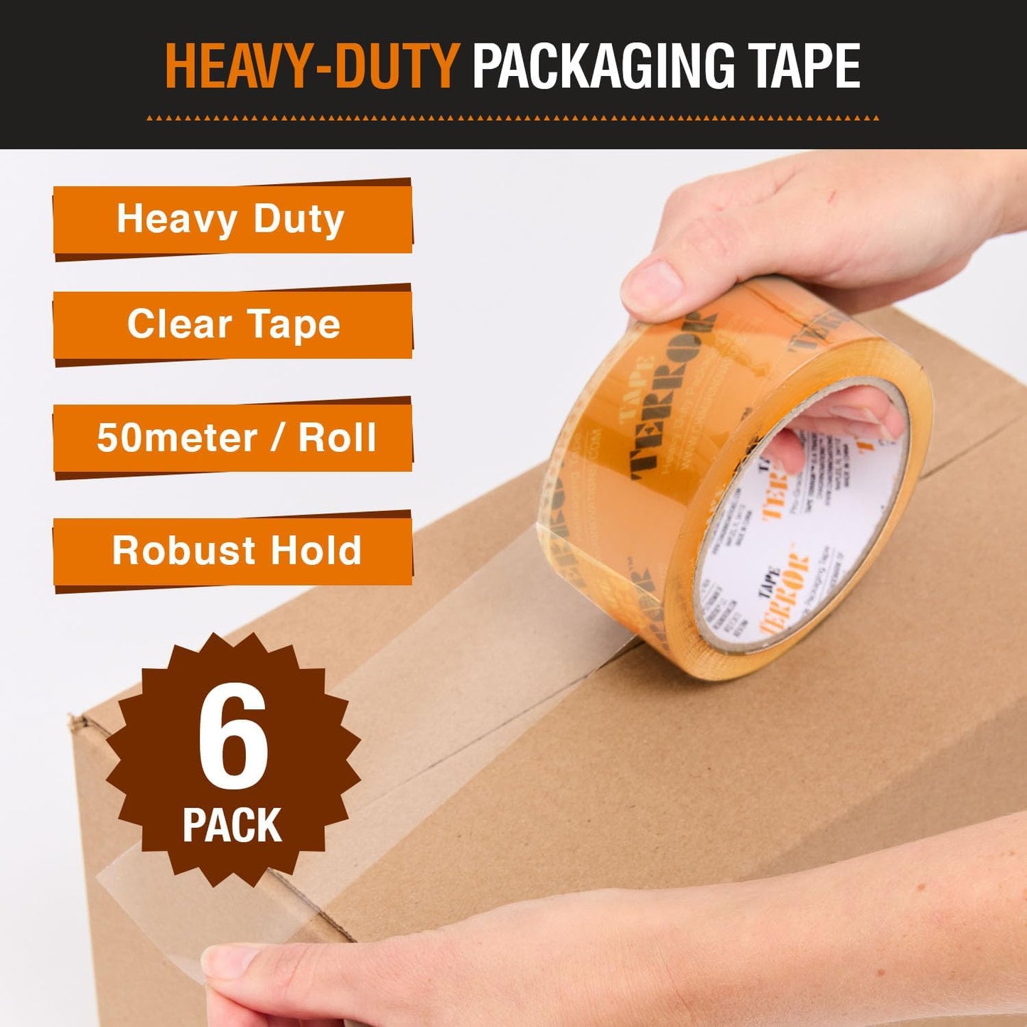 Heavy-Duty Clear Packing Tape (6 Rolls) - Strong Packing Tape for Moving Boxes, Shipping, Mailing, Storage, and More - Packaging & Shipping Supplies (48mm x 50m per Roll)