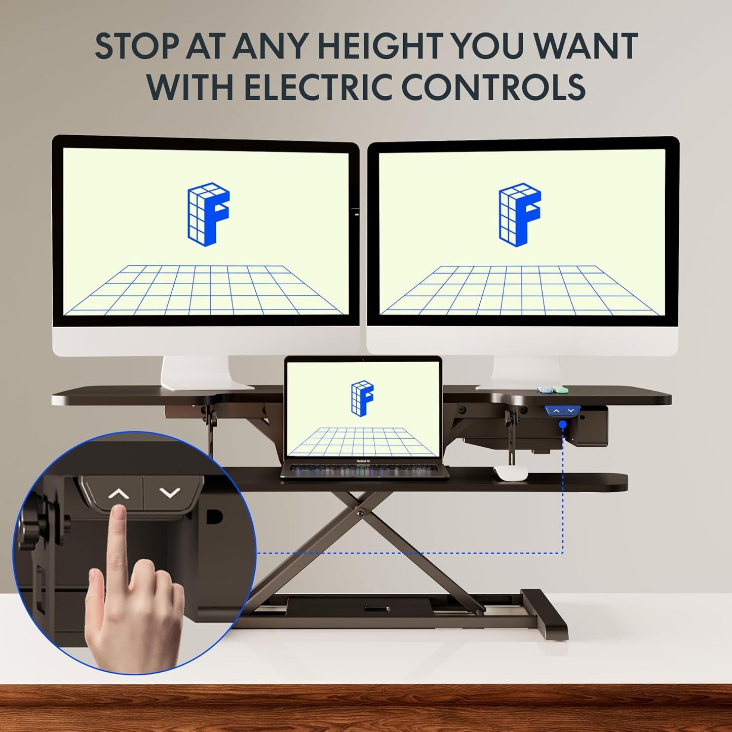 FLEXISPOT 42 inch Electric Motor Desk Converter, Height Adjustable Motorized Stand up Desk Riser with Quick Release Keyboard Tray, Black Monitors and Laptop Workstation