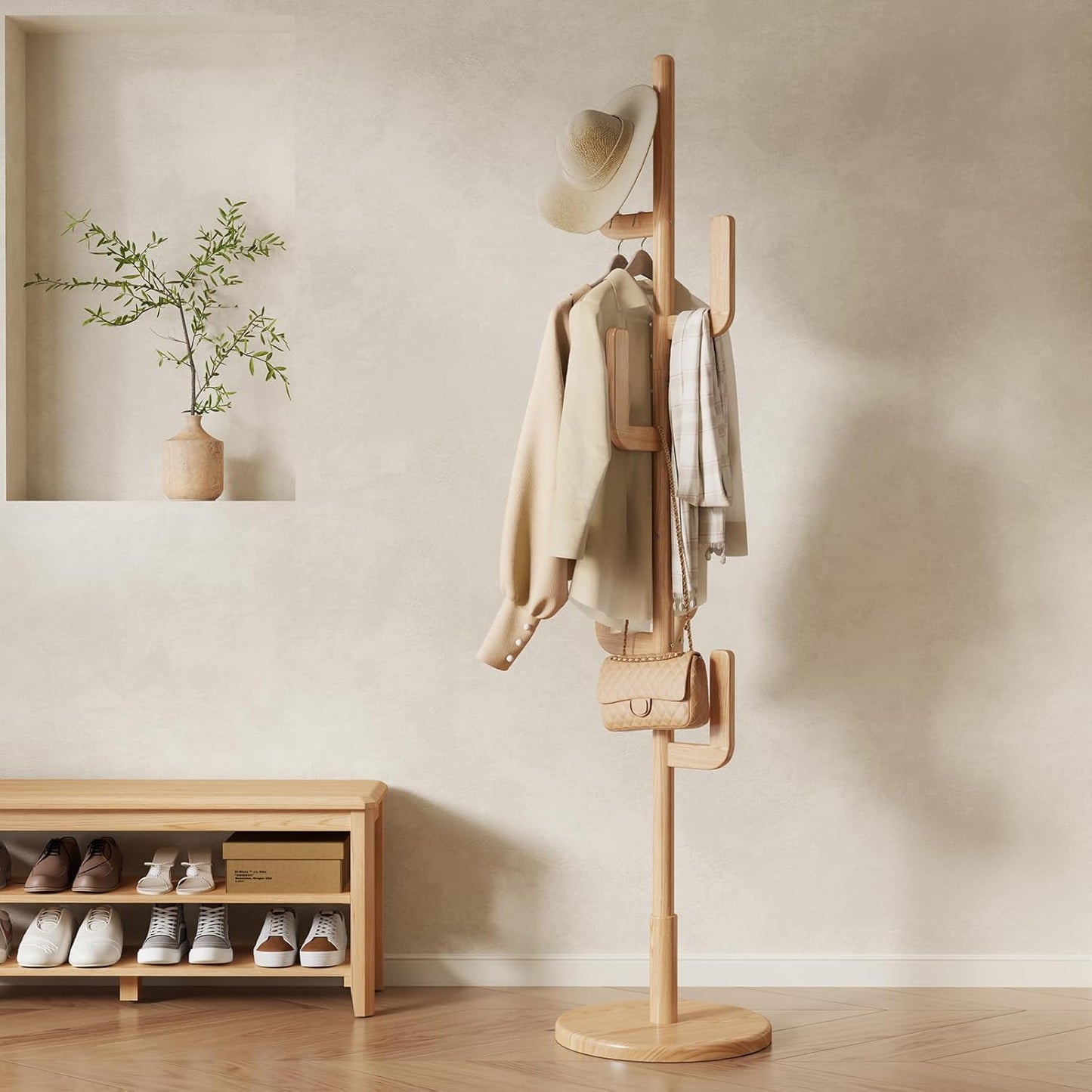 Solid Wood Cactus Coat Rack, Freestanding Coat Rack With 6 L-Shaped Hooks and 3 Adjustable Sizes, Coat Tree for Bedroom, Entryway, Livingroom, Coat Hanger Stand for Coats, Handbags (Natural)