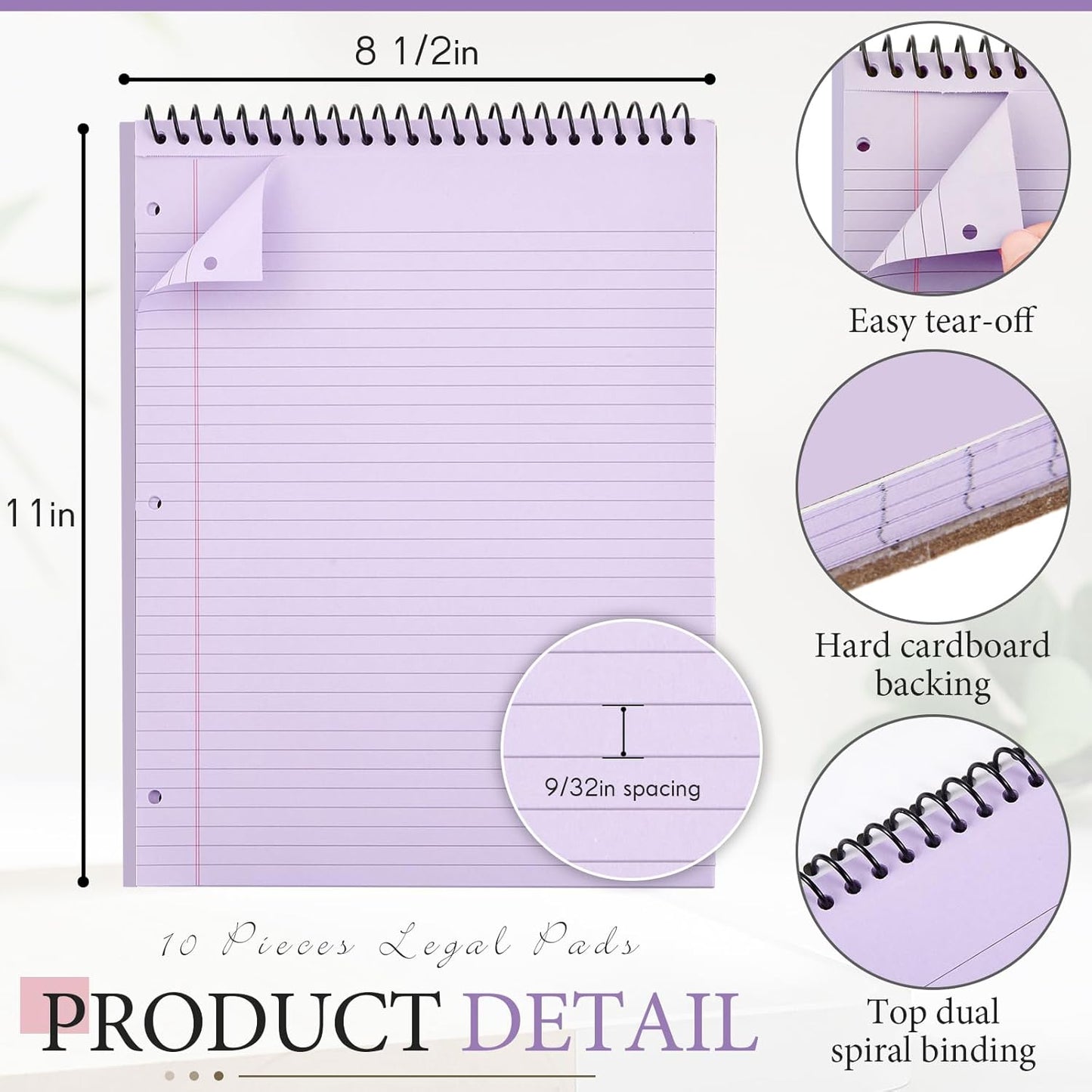 10 Packs 8.5" x 11" Top Spiral Notebook with 3 Hole Punched Legal Pads College Ruled Notepad 50 Sheets Hard Cardboard Paper Wirebound Notepad for Office School Business (Green,Blue,Purple)