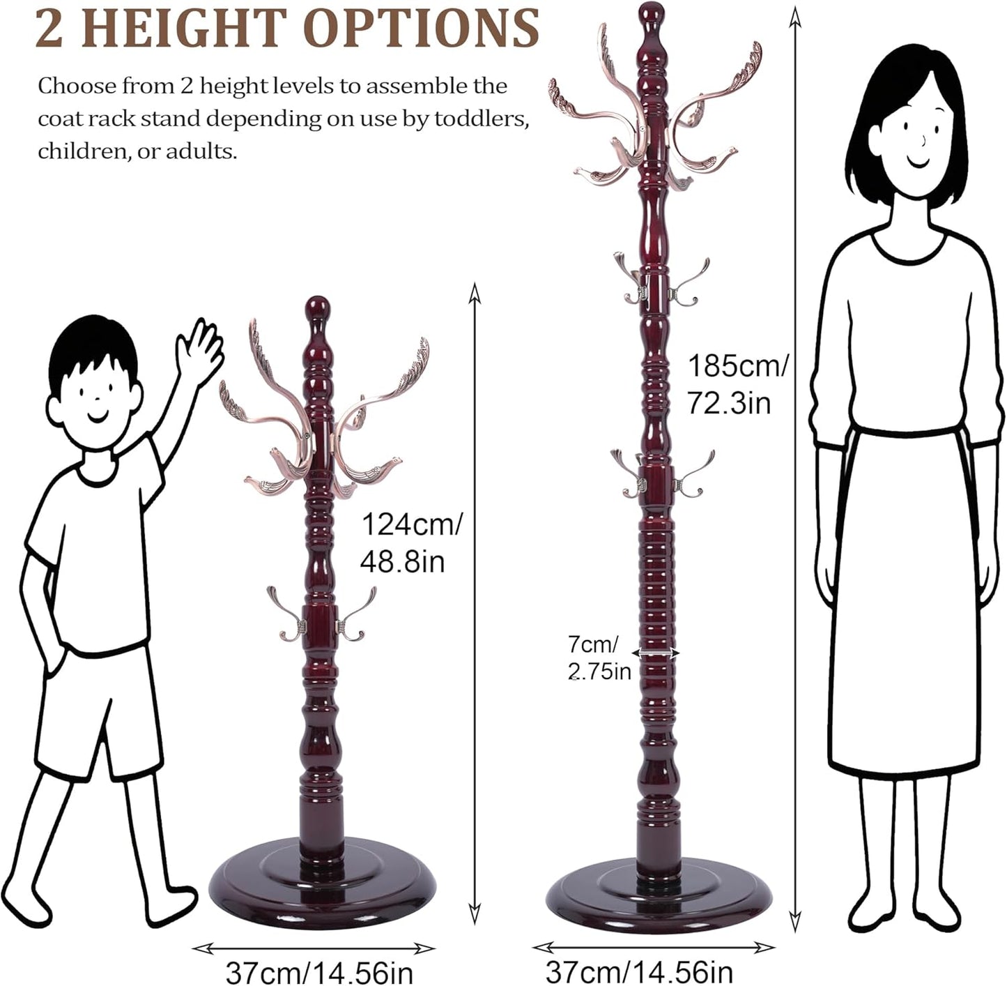 Wooden Coat Rack Free Standing 20 Metal Hooks, Vintage Coat Rack Stand for Entryway, Adjustable Height 73", Heavy Duty Coat Tree with Solid Round Base for Home Bedroom, Office(Walnut-m)