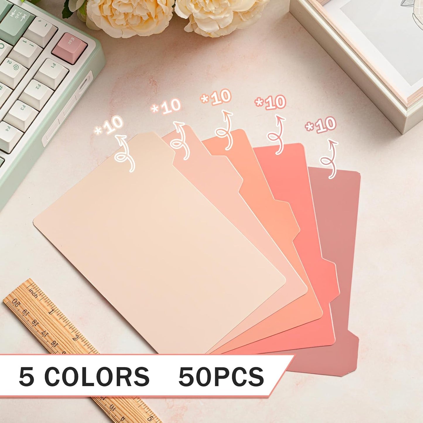 Harloon 52 Pcs Dry Erase Index Card Guide Set Include 50 Index Card Dividers 2 Number Alphabet Sticker with Tabs Photo Dividers for Office Business Back to School Supplies(4 x 6 Inch,Boho Rose)
