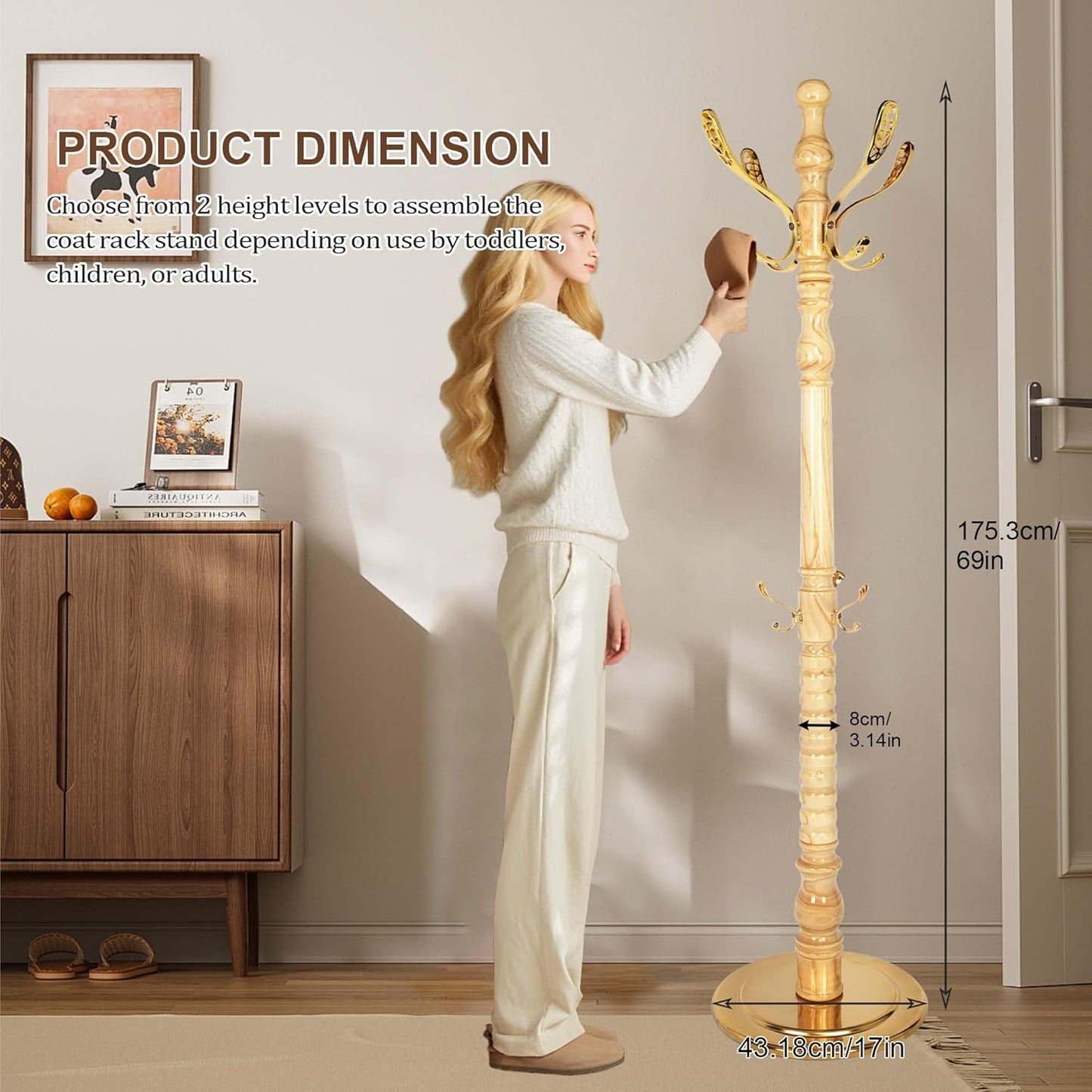 Solid Wood Coat Rack Stand with 14 Hooks, Vintage Coat Rack Freestanding with Heavy Duty Metal Base, Adjustable Height Coat Hanger Stand Hall Tree Fits Entryway Bedroom Office for Coat,Bag,Hat