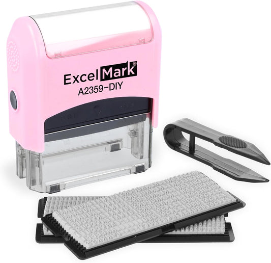 ExcelMark Self-Inking DIY Custom Rubber Stamp Kit - Personalized Stamper for Business or Home - Address Stamp, Message Stamp, and More (Pink)