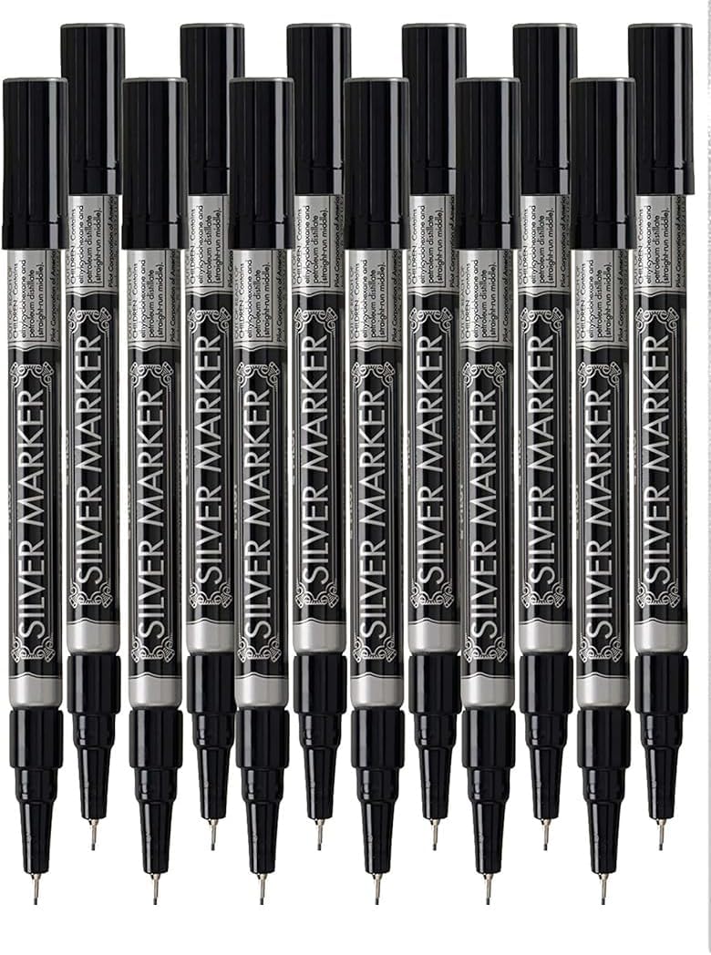 Metallic Permanent Paint Markers, Silver, Extra Fine Point (0.5mm), 12 Count, Bundle with Plastic Reusable Pouch