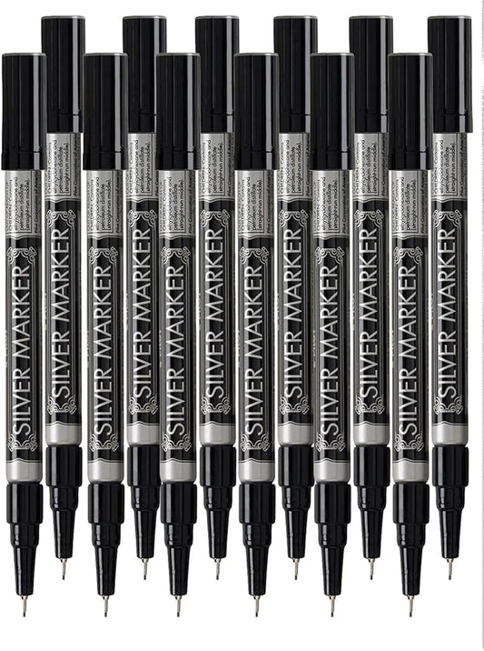 Metallic Permanent Paint Markers, Silver, Extra Fine Point (0.5mm), 12 Count, Bundle with Plastic Reusable Pouch