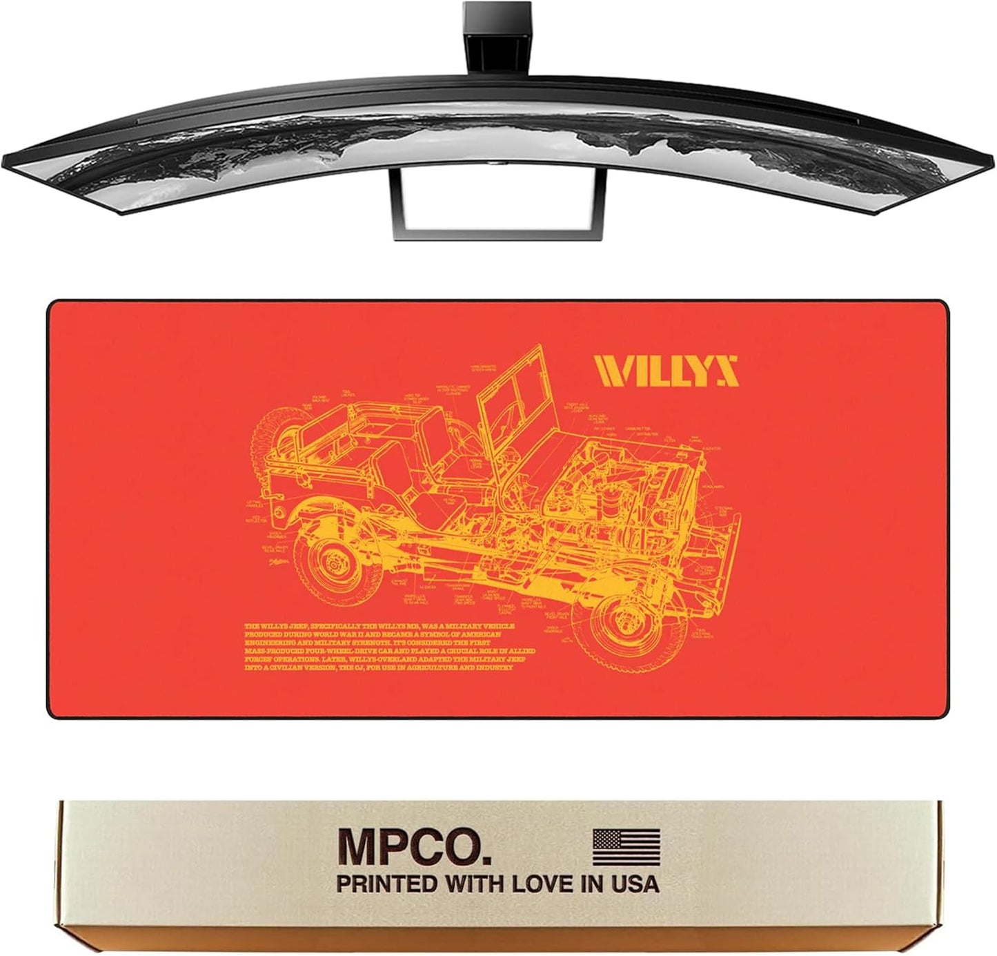 MPCO. Blueprints Large Gaming Desk Pad - 36" x 17" Duraglyde Fabric Willys Jeep – Orange Desk Mats - Non-Slip, Washable, Smooth Glide for Precision Gaming & Work