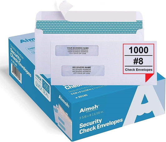 Aimoh #8 Double Window Self Seal Security Envelopes - for Business Checks, QuickBooks & Quicken Checks, Size 3 5/8 x 8 11/16 Inches - Checks Fit Perfectly - Not for Invoices, 1000 Count (30180-1000)